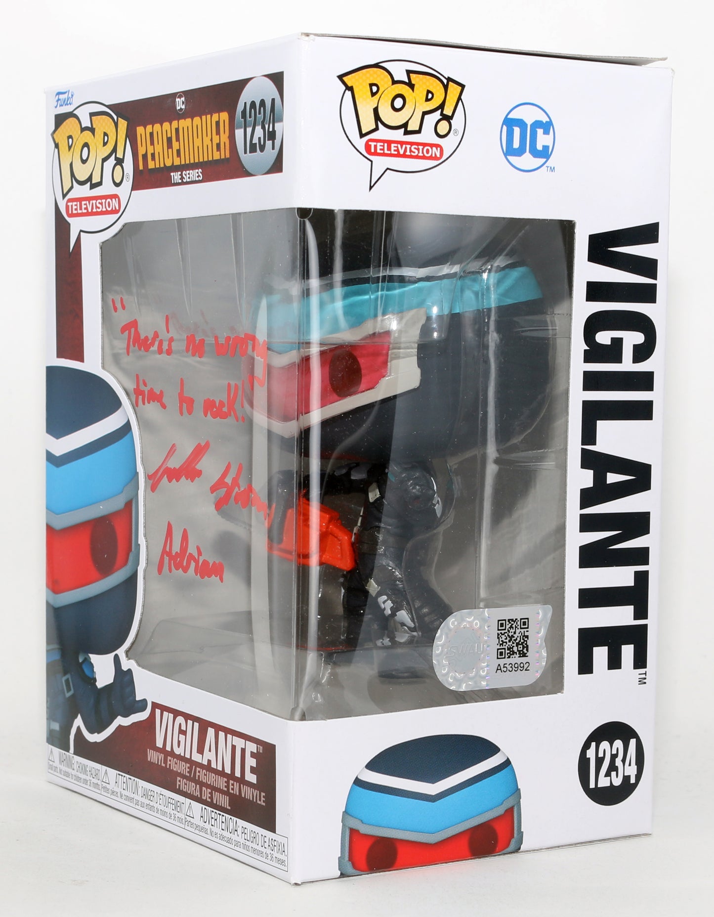 
                  
                    Freddie Stroma as Vigilante in Peacemaker (SWAU) Signed Funko POP! #1234 with Character Name & Quote
                  
                