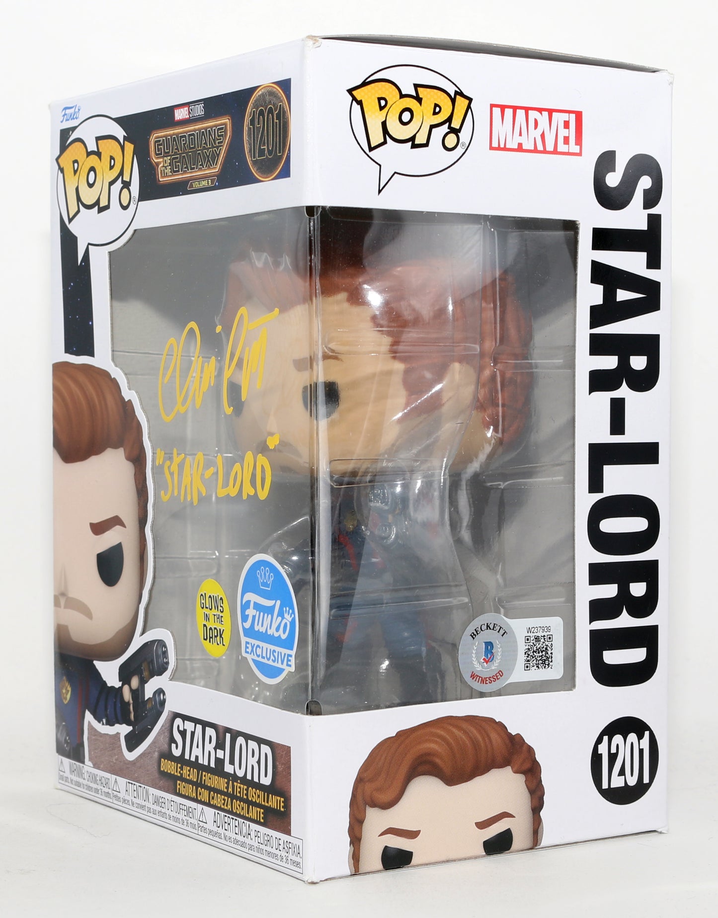 
                  
                    Chris Pratt as Peter Quill / Star-Lord in Guardians of the Galaxy Vol. 3 Funko Exclusive GITD (Beckett Witnessed) Signed Funko POP! #1201 with Character Name
                  
                