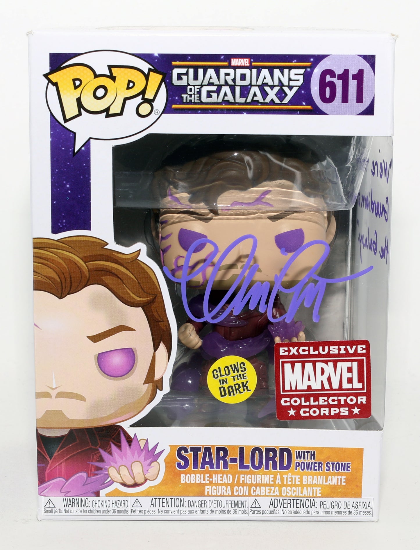 
                  
                    Chris Pratt as Peter Quill / Star-Lord in Guardians of the Galaxy GITD Marvel Collector Corps Exclusive (SWAU) Signed Funko POP! #611 with Quote
                  
                