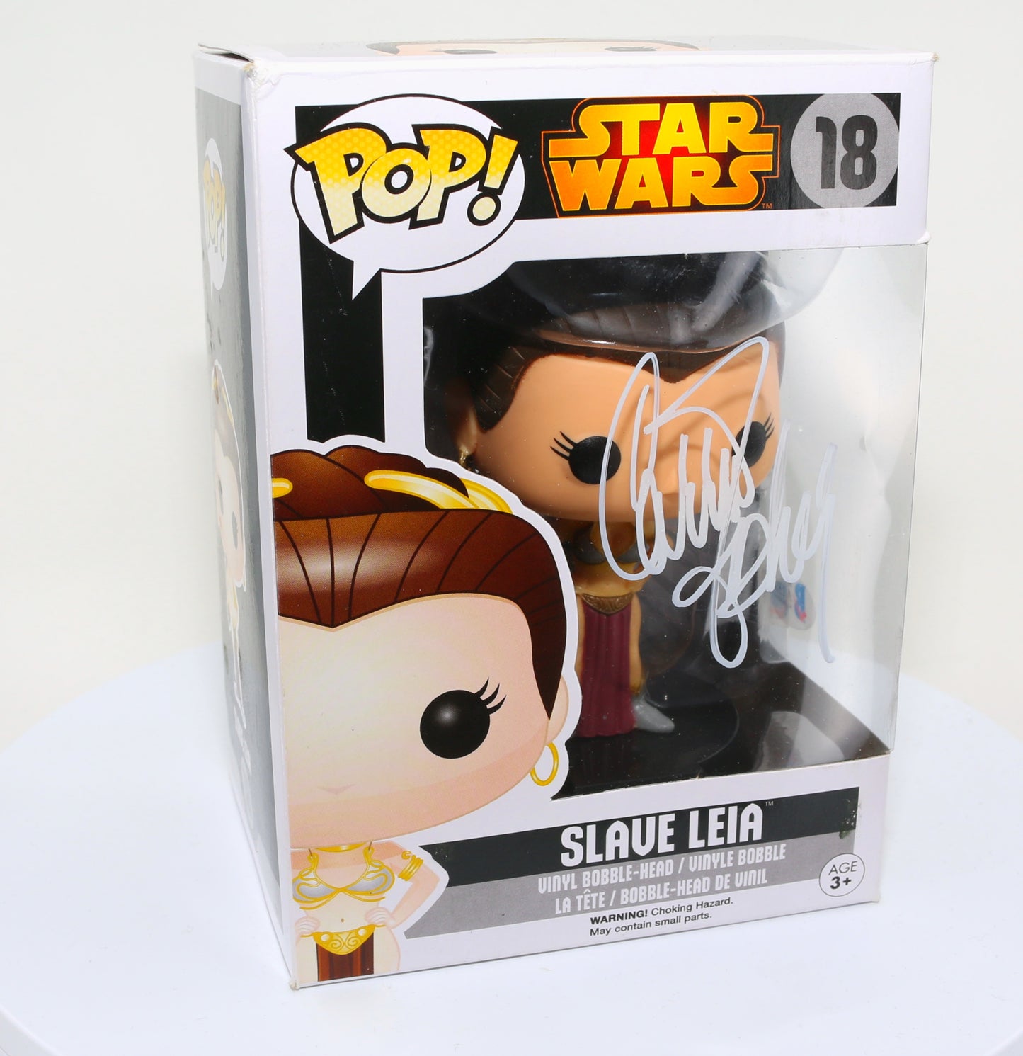 
                  
                    Carrie Fisher as Slave Princess Leia in Star Wars: Return of the Jedi (Radtke) Signed Funko POP! #18
                  
                
