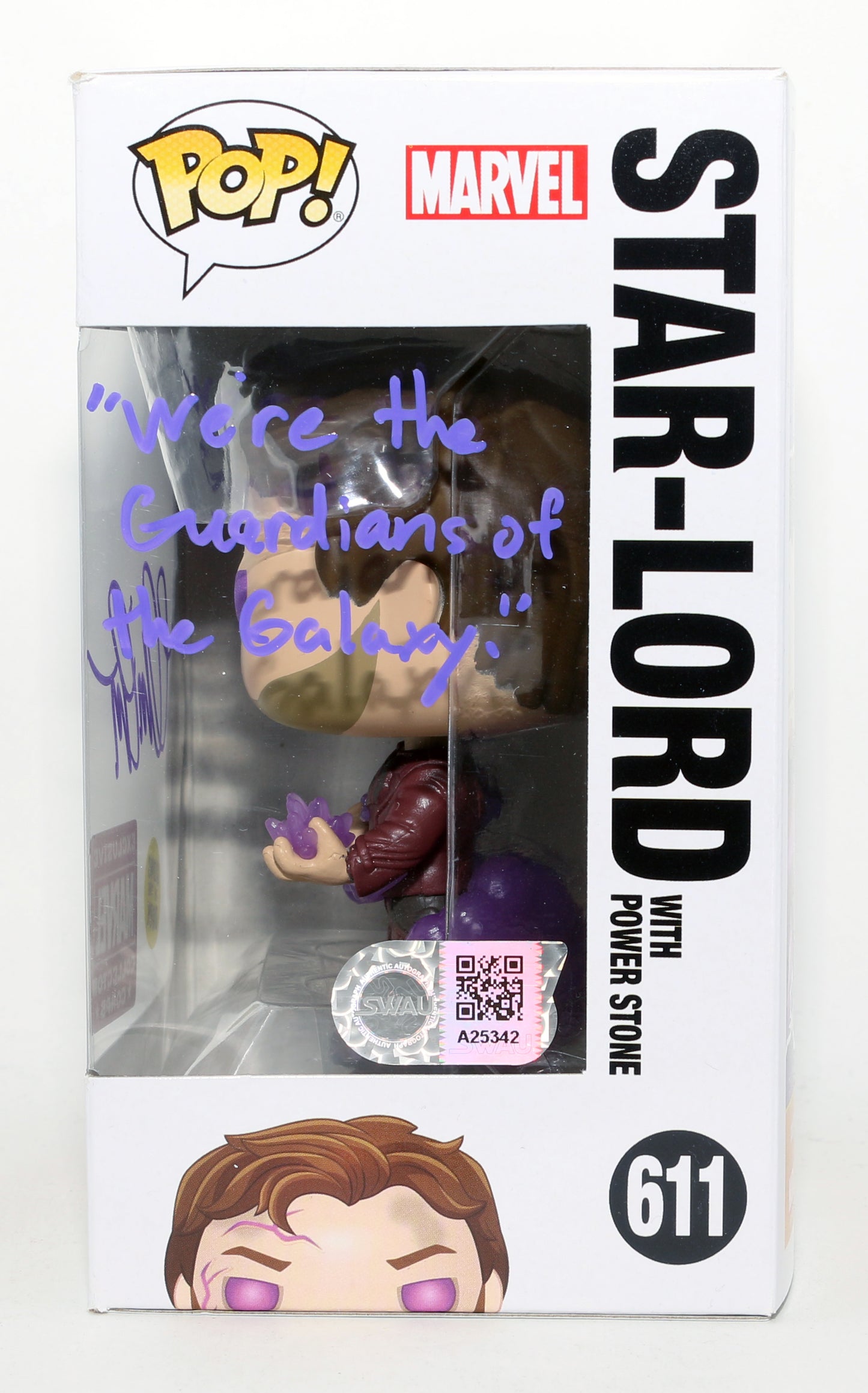 
                  
                    Chris Pratt as Peter Quill / Star-Lord in Guardians of the Galaxy GITD Marvel Collector Corps Exclusive (SWAU) Signed Funko POP! #611 with Quote
                  
                