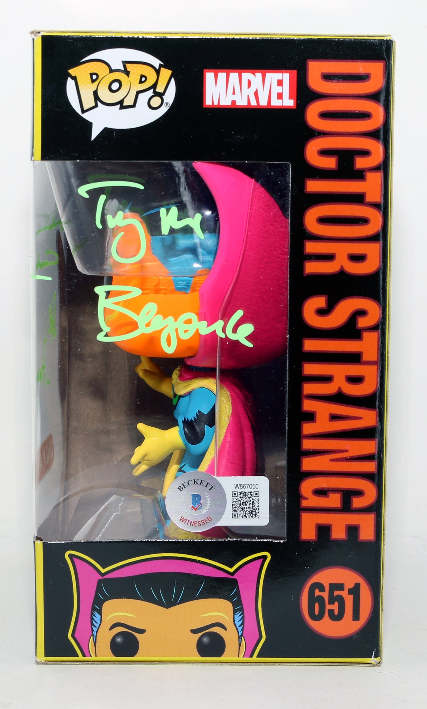 
                  
                    Benedict Cumberbatch as Doctor Strange in Doctor Strange Marvel Blacklight Target Exclusive (Beckett Witnessed) Signed Funko POP! #651 with Character Name & Quote
                  
                