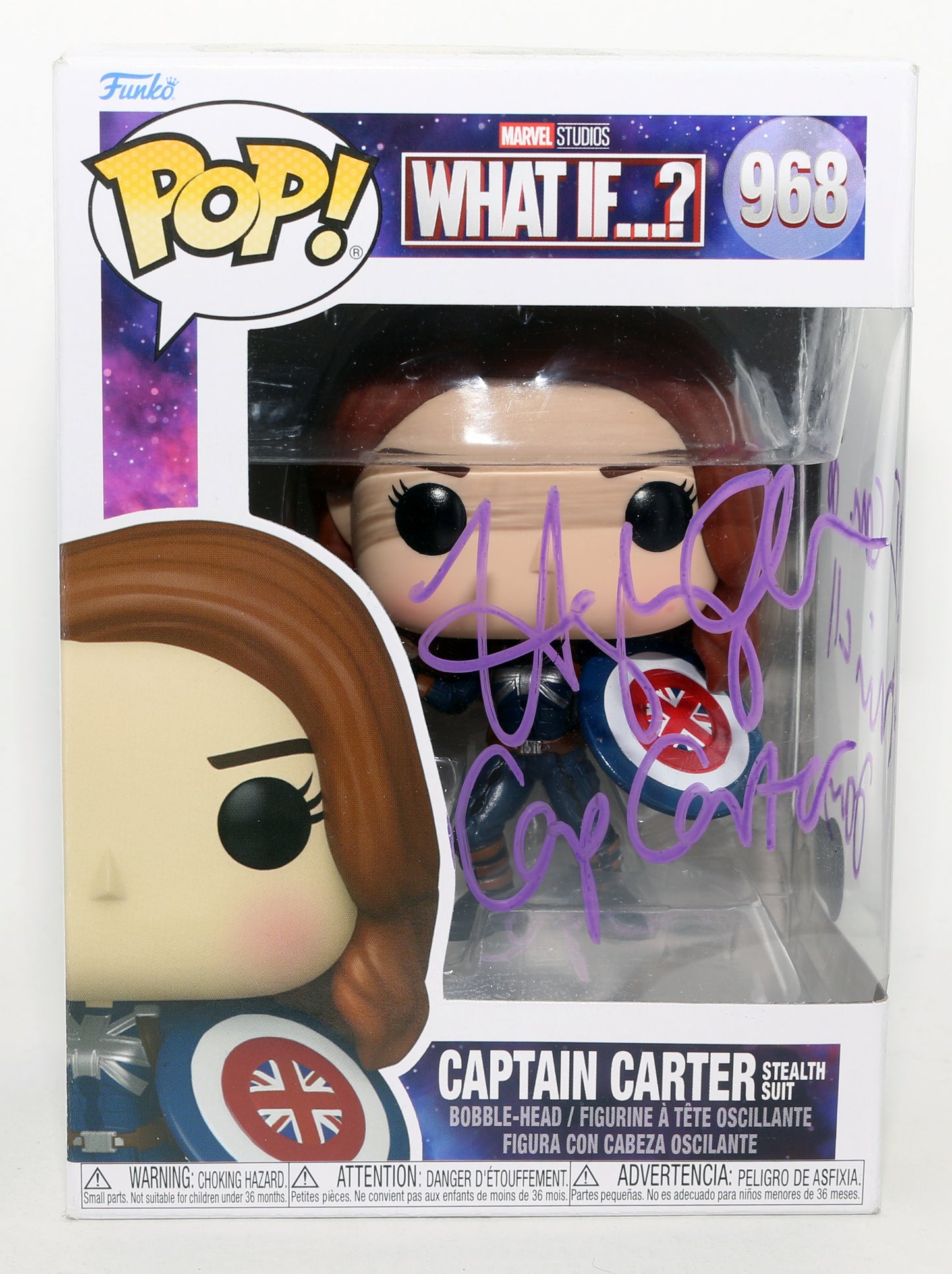 
                  
                    Hayley Atwell as Captain Carter with Stealth Suit in What If...? (Beckett Witnessed) Signed Funko POP! #968 with Character Name & Quote
                  
                