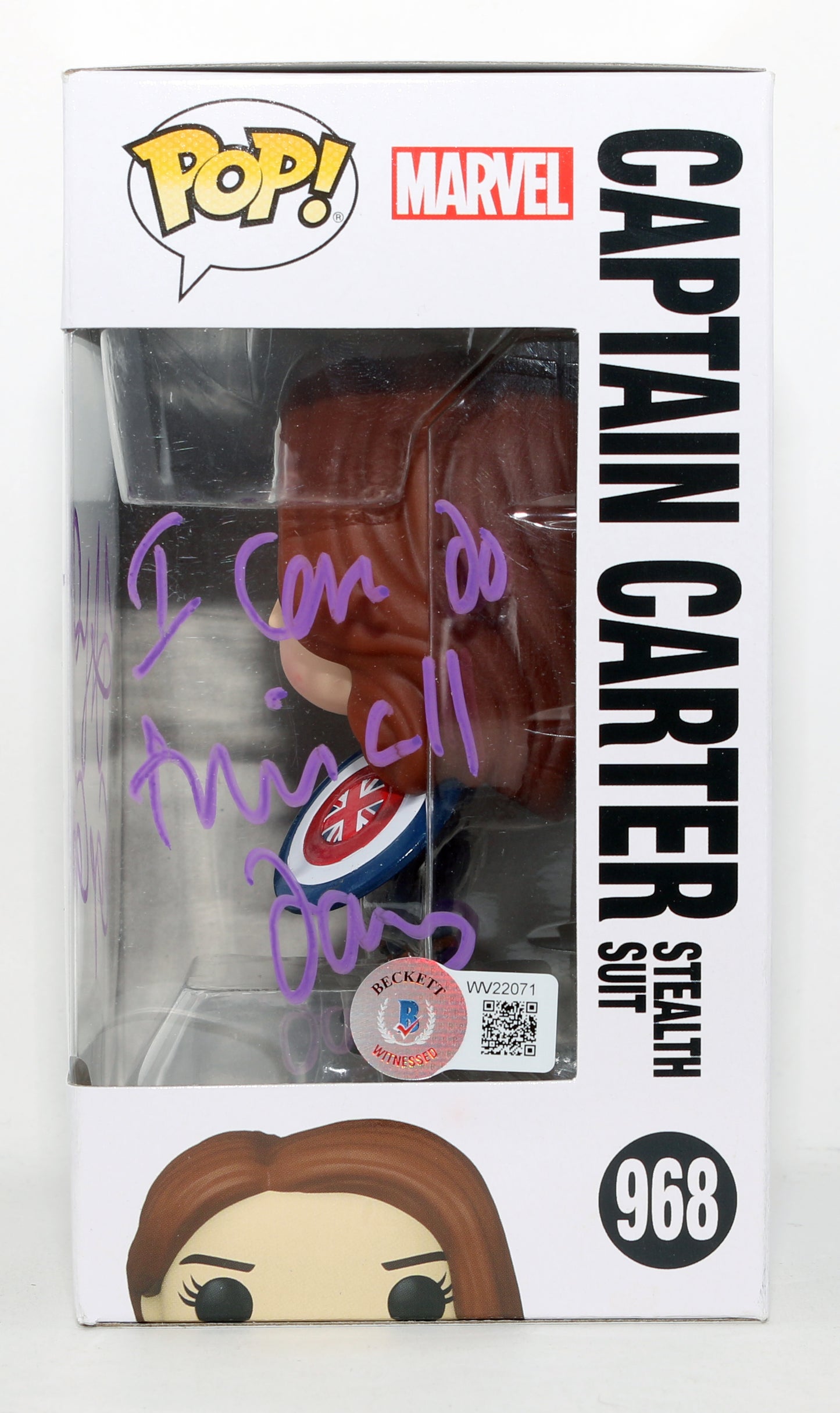 
                  
                    Hayley Atwell as Captain Carter with Stealth Suit in What If...? (Beckett Witnessed) Signed Funko POP! #968 with Character Name & Quote
                  
                