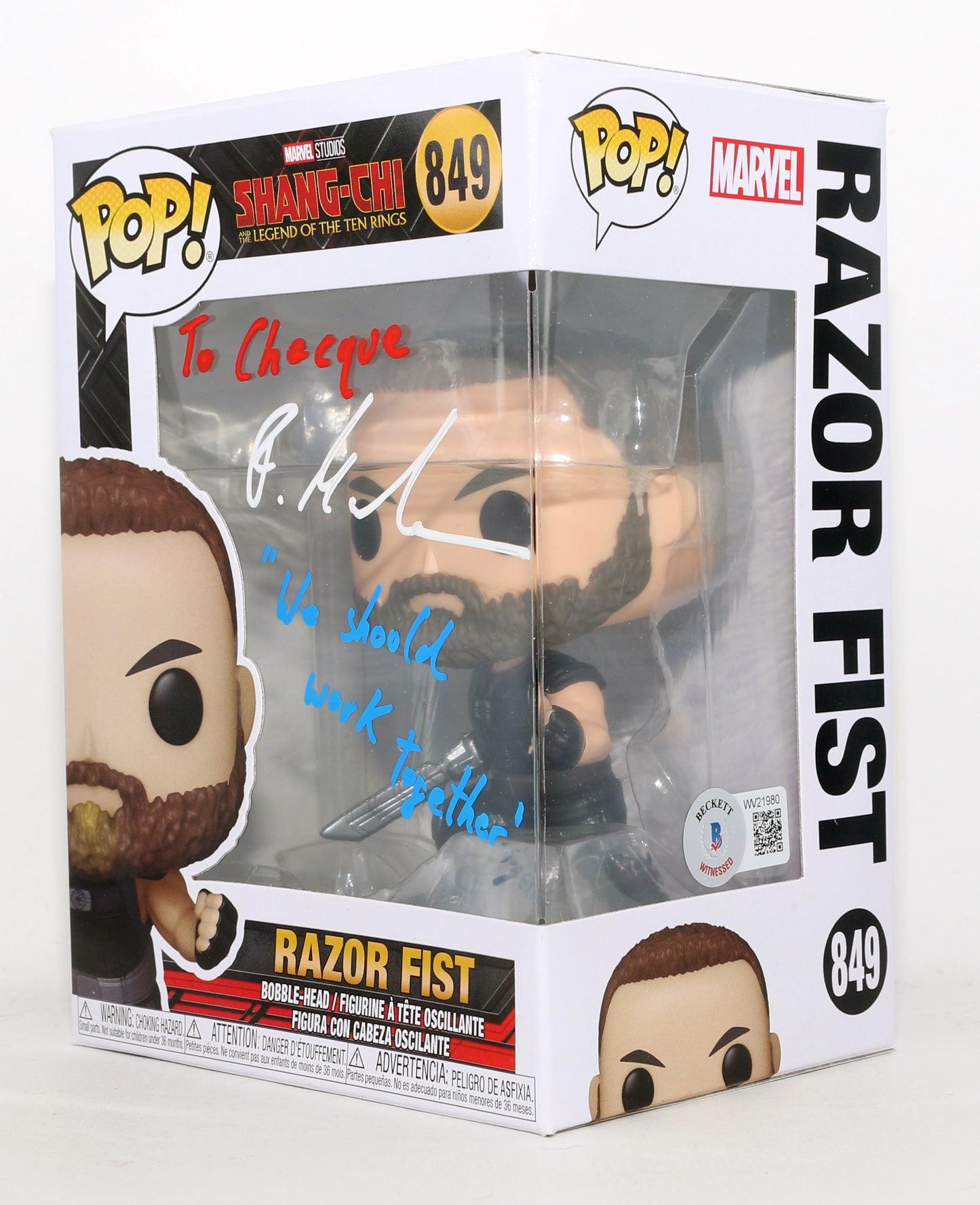 
                  
                    Florian Munteanu as Razor Fist in Shang-Chi & the Legend of the Ten Rings (Beckett Witnessed) Signed Funko POP! #849 with Quote
                  
                
