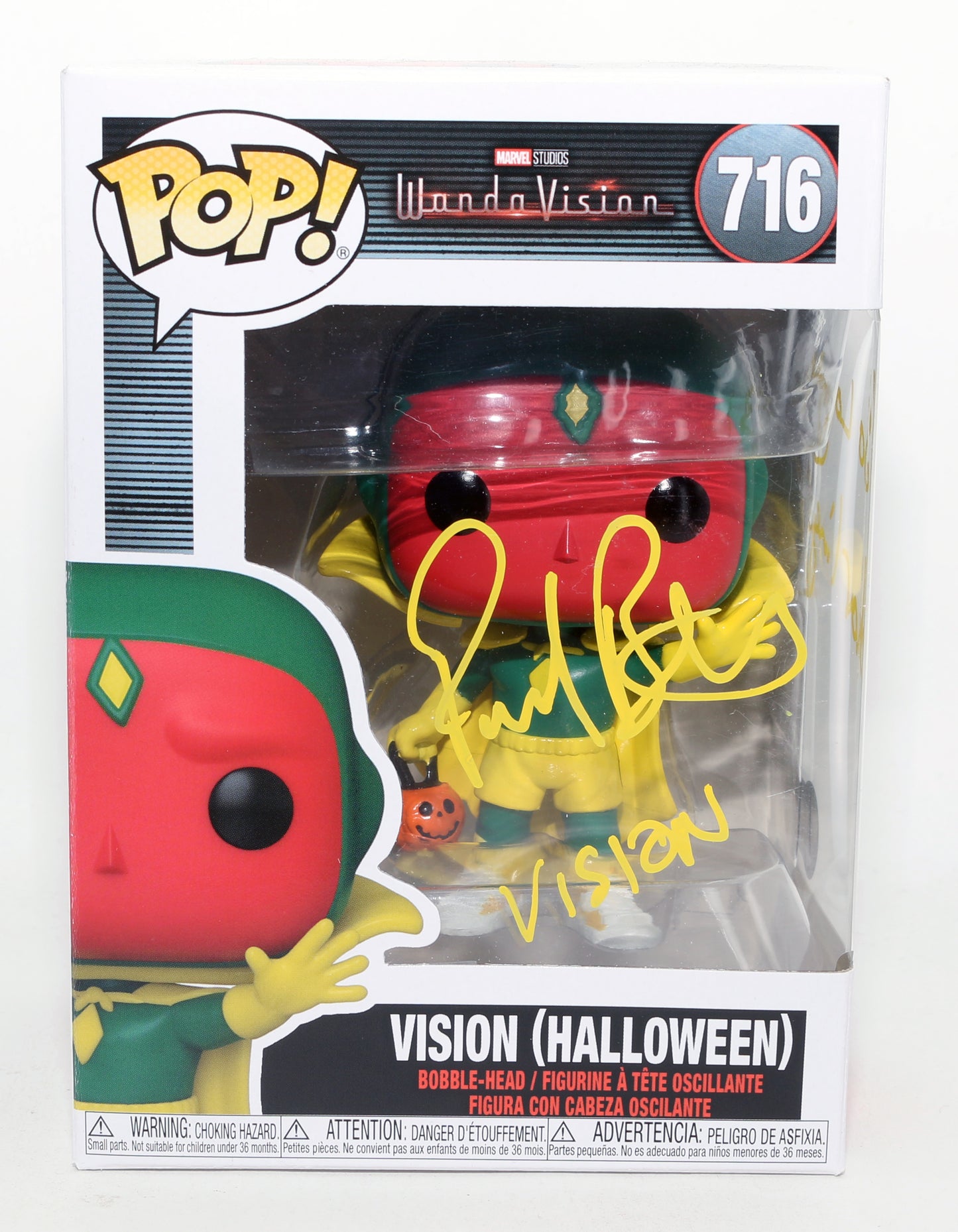 
                  
                    Paul Bettany as Vision [Halloween Costume] in WandaVision (Beckett Witnessed) Signed Funko POP! #716 with Character Name & Quote
                  
                