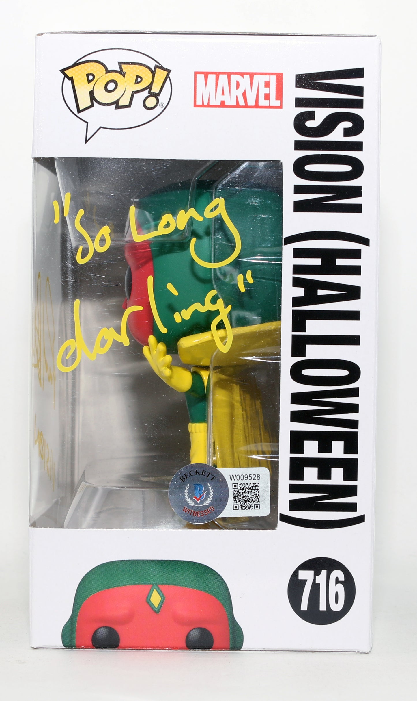 
                  
                    Paul Bettany as Vision [Halloween Costume] in WandaVision (Beckett Witnessed) Signed Funko POP! #716 with Character Name & Quote
                  
                