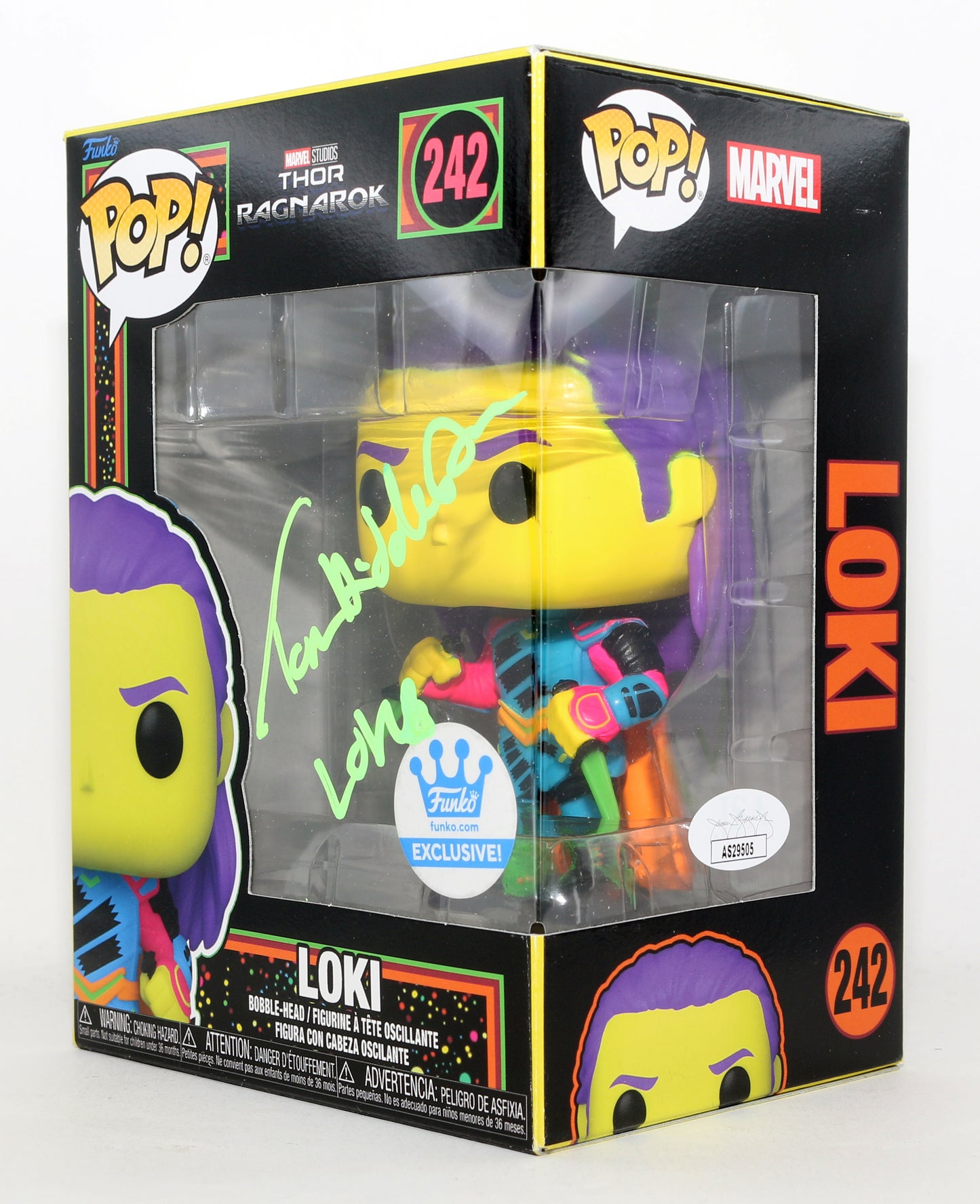 
                  
                    Tom Hiddleston as Loki in Thor: Ragnarok Blacklight Store Exclusive (JSA) Signed Funko POP! #242 with Character Name
                  
                
