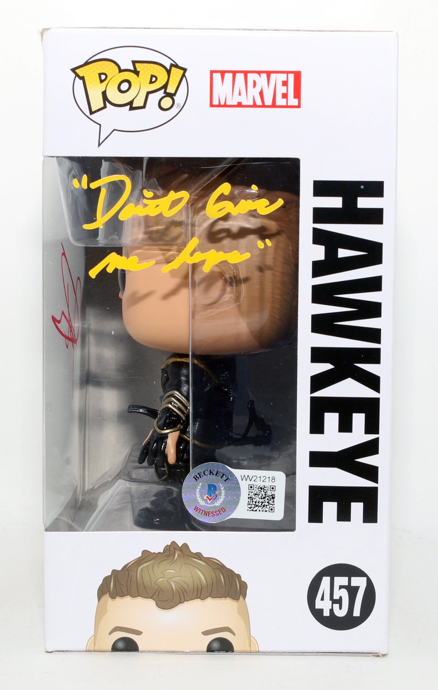 
                  
                    Jeremy Renner as Hawkeye in Avengers: Endgame (Beckett Witnessed) Signed Funko POP! #457 with Quote
                  
                