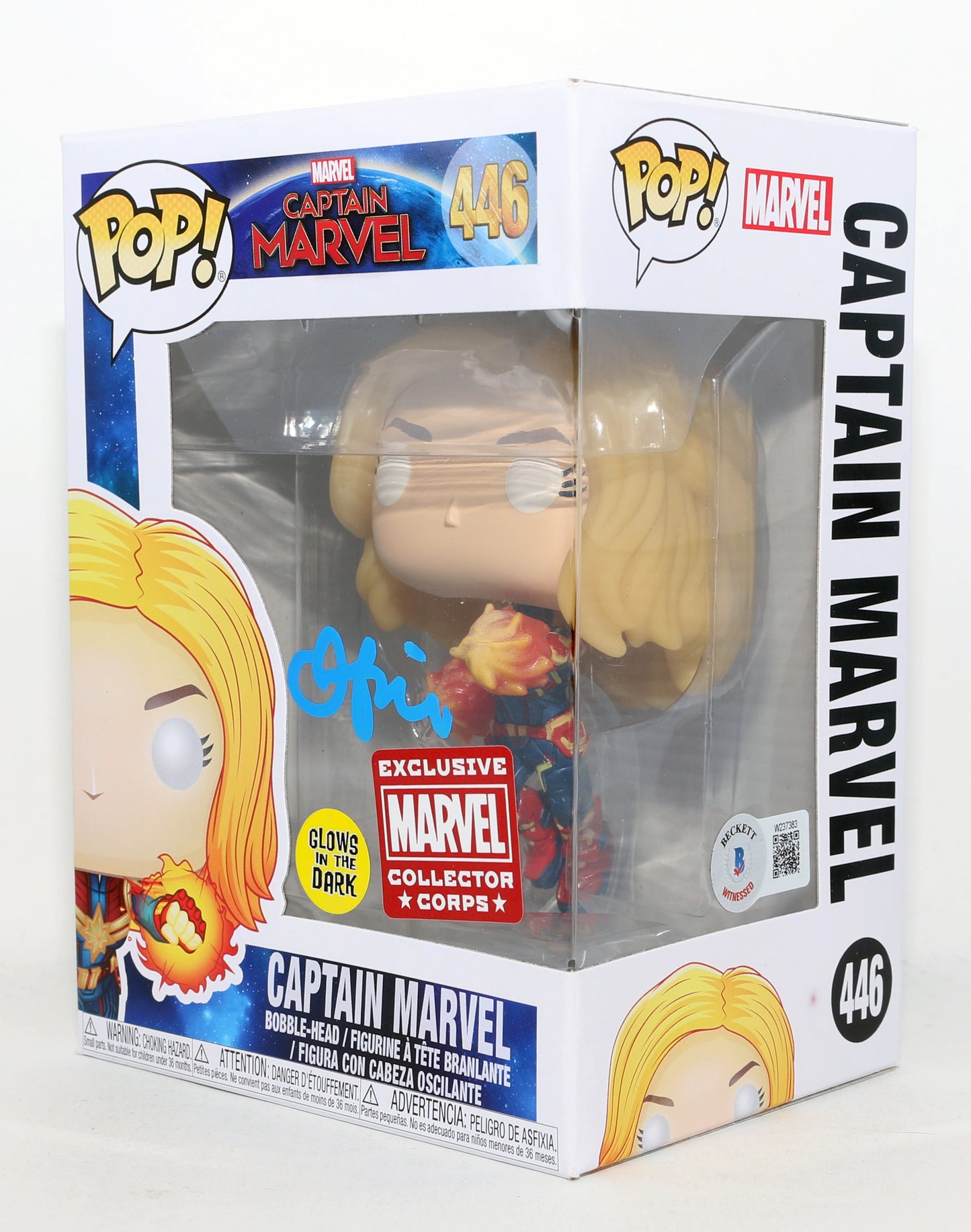 
                  
                    Brie Larson as Captain Marvel in Captain Marvel GITD Marvel Collector Corps Exclusive (Beckett) Signed Funko POP! #446
                  
                