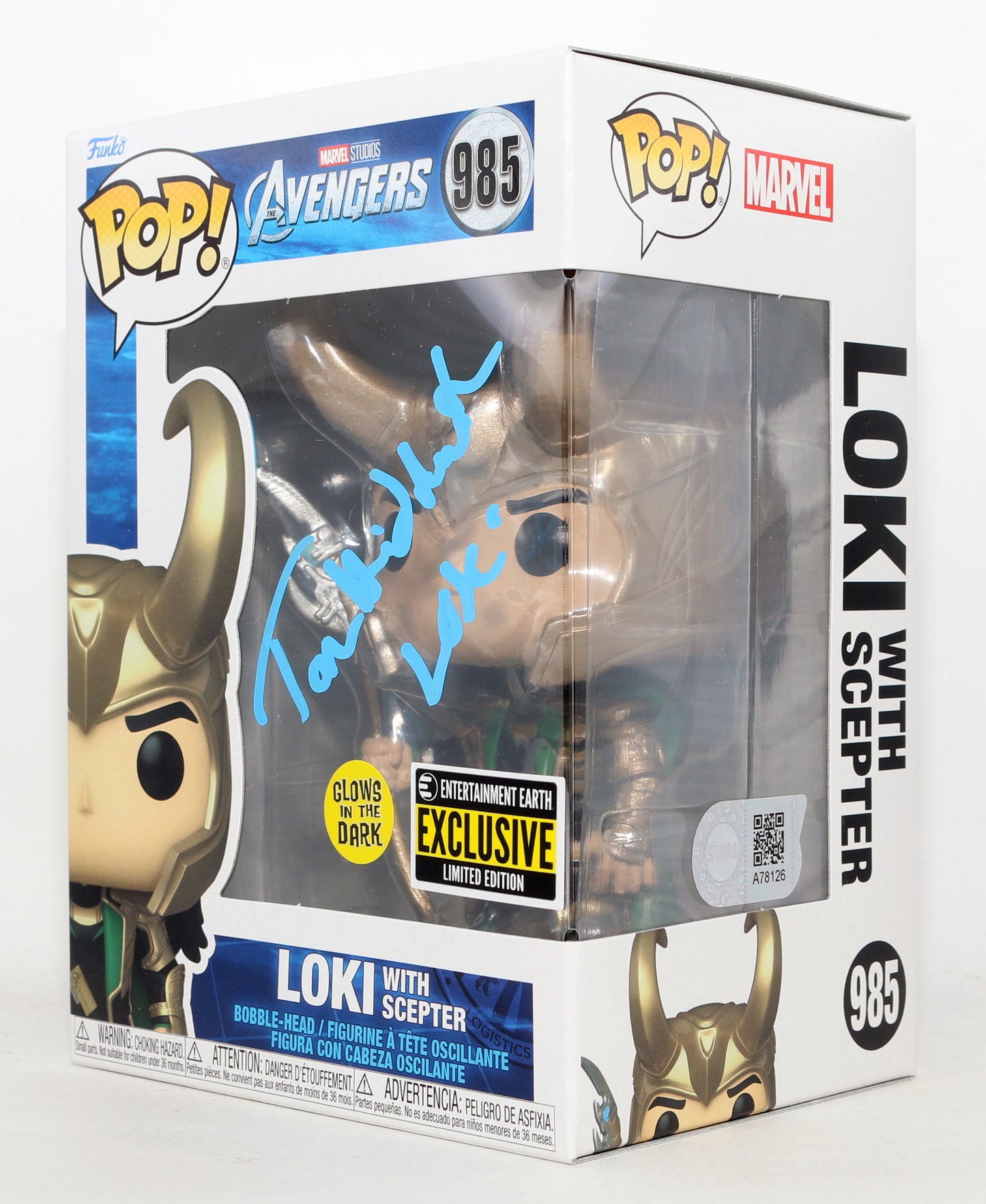 
                  
                    Tom Hiddleston as Loki in The Avengers GITD Entertainment Earth Exclusive (SWAU) Signed Funko POP! #985 with Character Name
                  
                