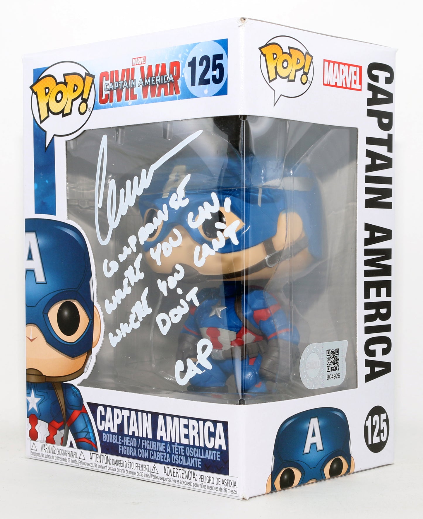
                  
                    Chris Evans as Captain America in Captain America: Civil War (SWAU) Signed Funko POP! #125 with Character Name & Quote
                  
                