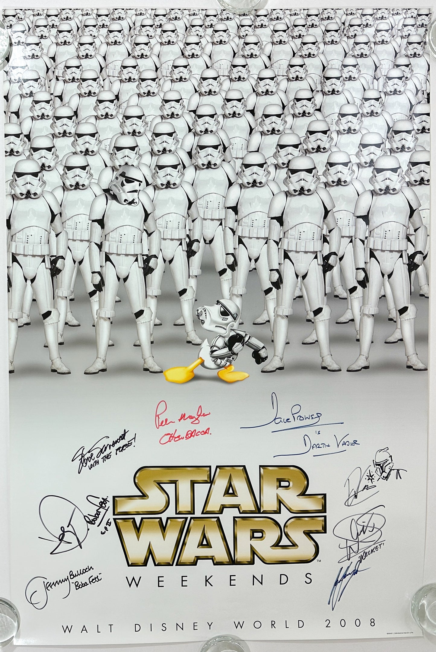 
                  
                    Star Wars Weekends Poster Signed by Jeremy Bulloch, Daniel Logan, Peter Mayhew, Dave Prowse, Jake Lloyd, Warwick Davis, & Dave Filoni with Sketch Art
                  
                