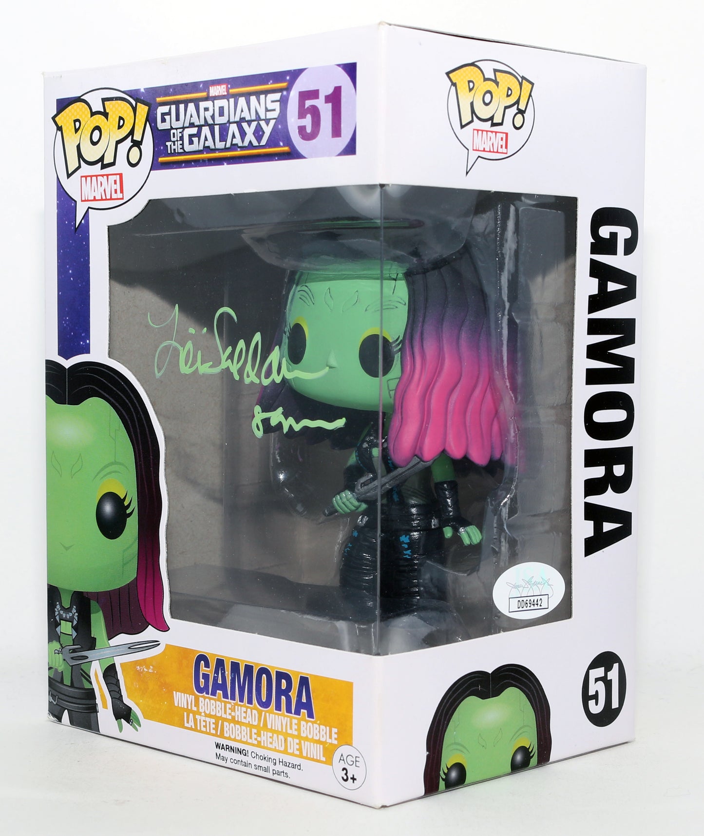 
                  
                    Zoe Saldaña as Gamora in Guardians of the Galaxy (JSA) Signed Funko POP! #51 with Character Name
                  
                