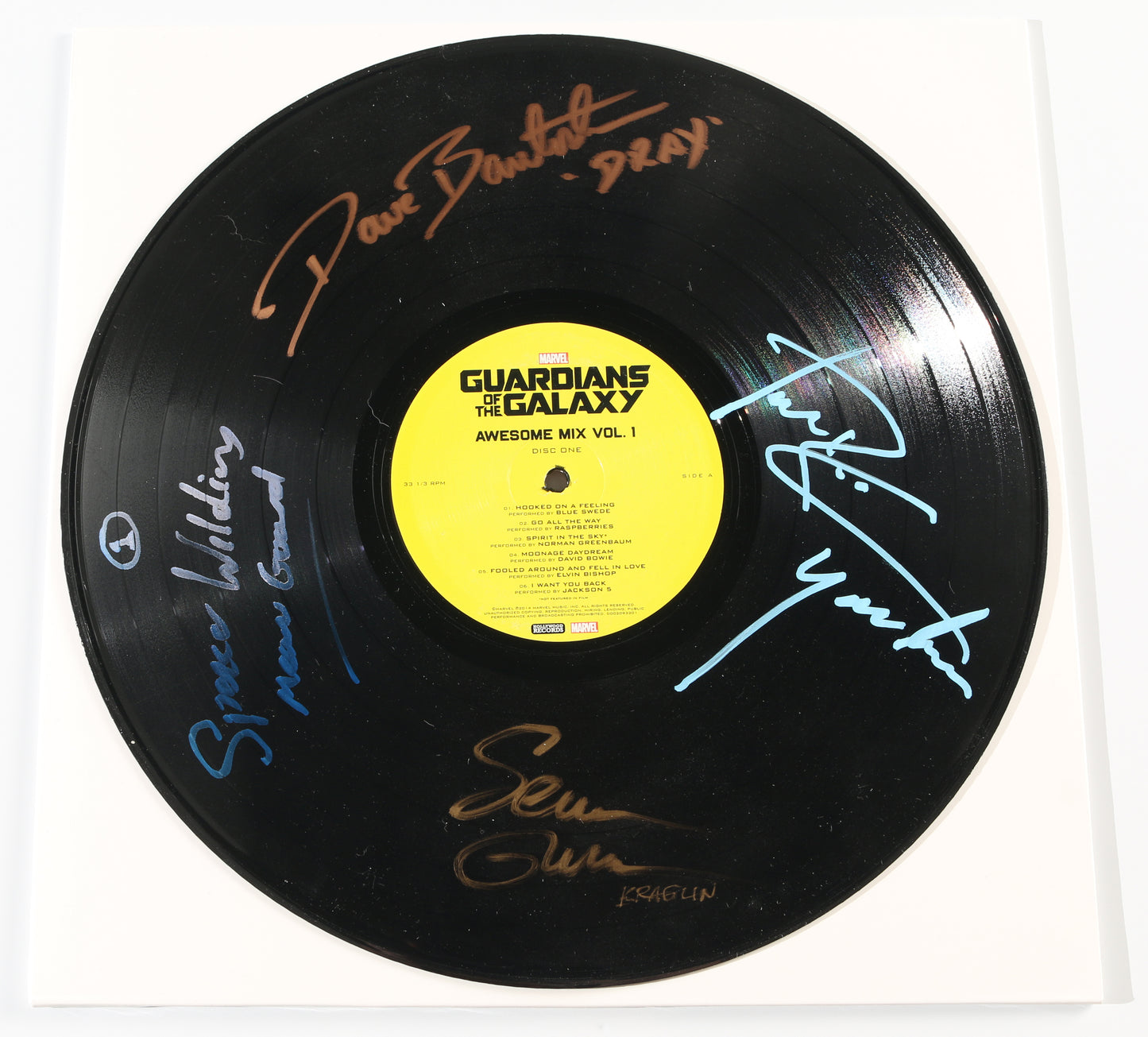 
                  
                    Guardians Of The Galaxy Awesome Mix Vol. 1 12" Vinyl Record Signed by Dave Bautista, Michael Rooker, Sean Gunn, & Spencer Wilding
                  
                