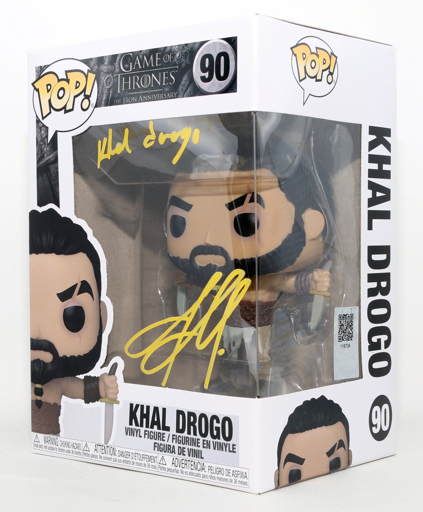 
                  
                    Jason Momoa as Khal Drogo in Game of Thrones (Official Pix) Signed Funko POP! #90 with Character Name
                  
                