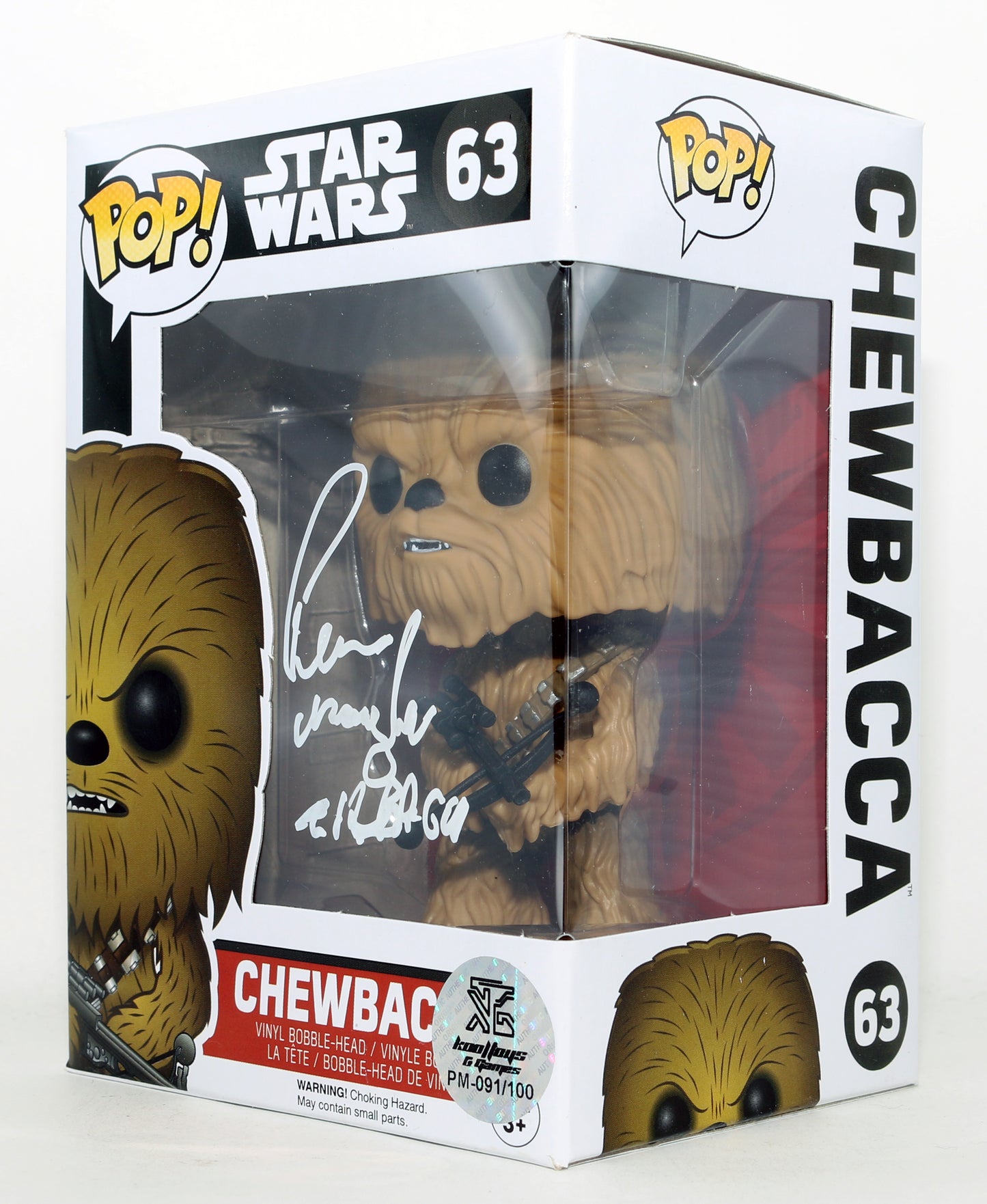 
                  
                    Peter Mayhew as Chewbacca in Star Wars: The Force Awakens Signed Funko POP! #63 with Character Name - Rare
                  
                
