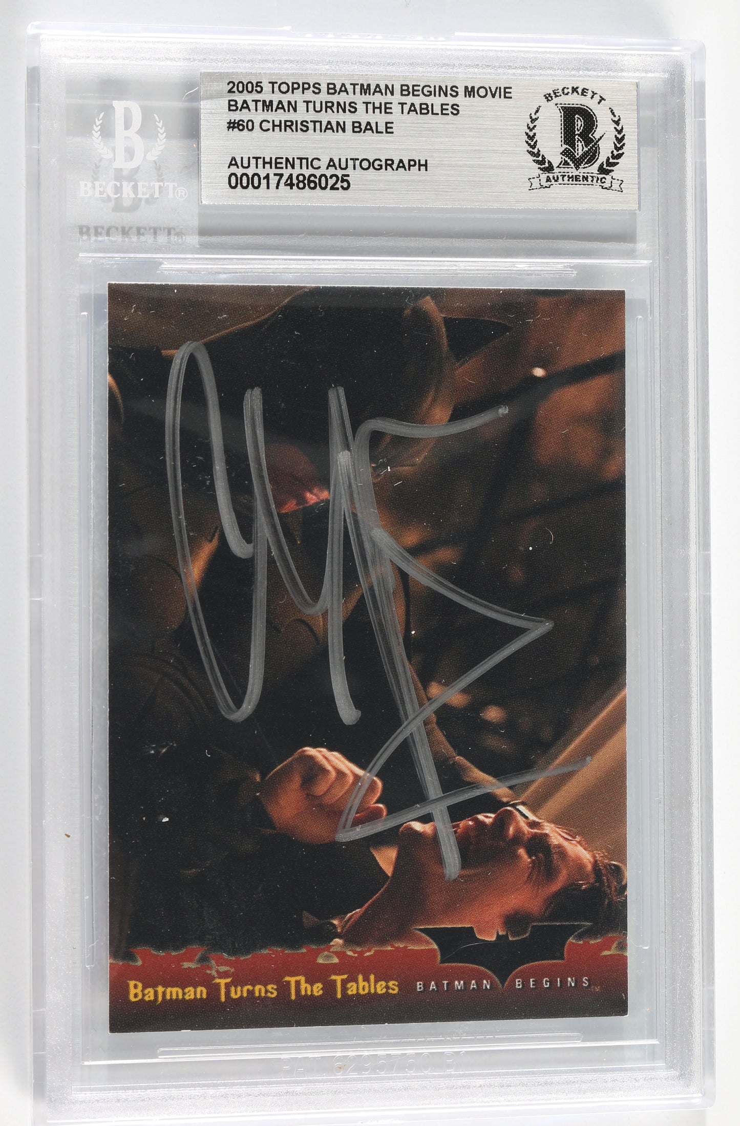 
                  
                    Christian Bale as Batman in Batman Begins (Beckett Slabbed) Signed Topps Batman Turns The Table #60 Trading Card
                  
                