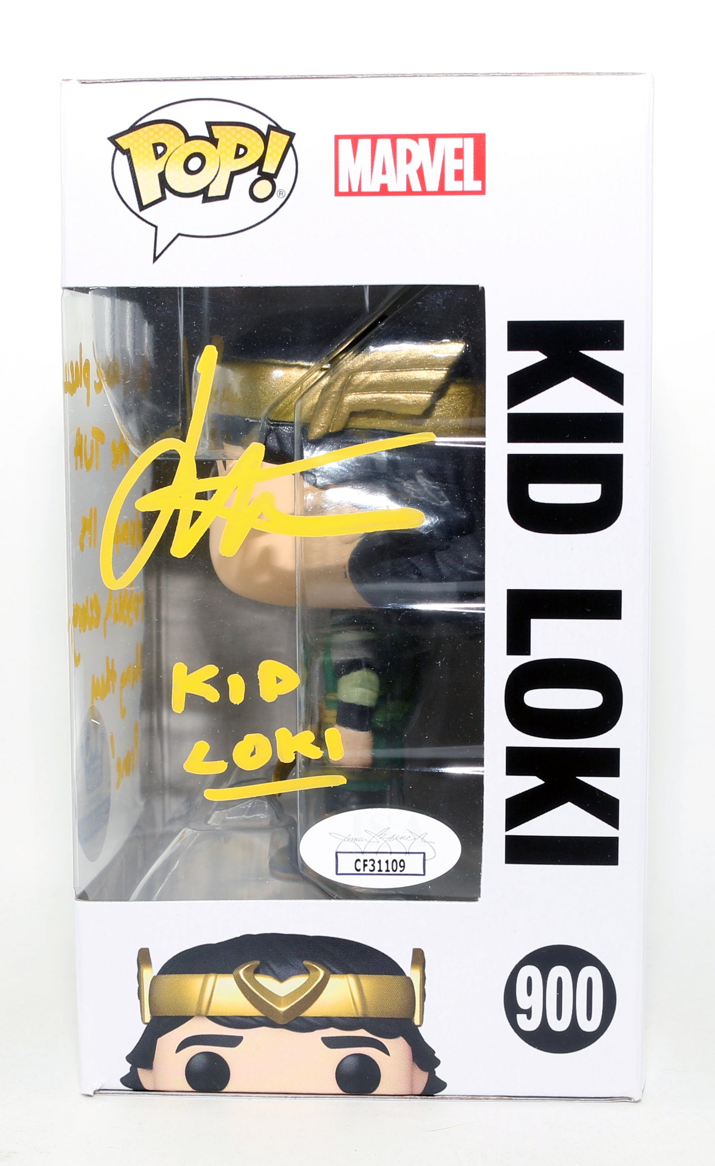 
                  
                    Jack Veal as Kid Loki in Loki Store Exclusive (JSA) Signed Funko POP! #900 with Character Name & Quote
                  
                
