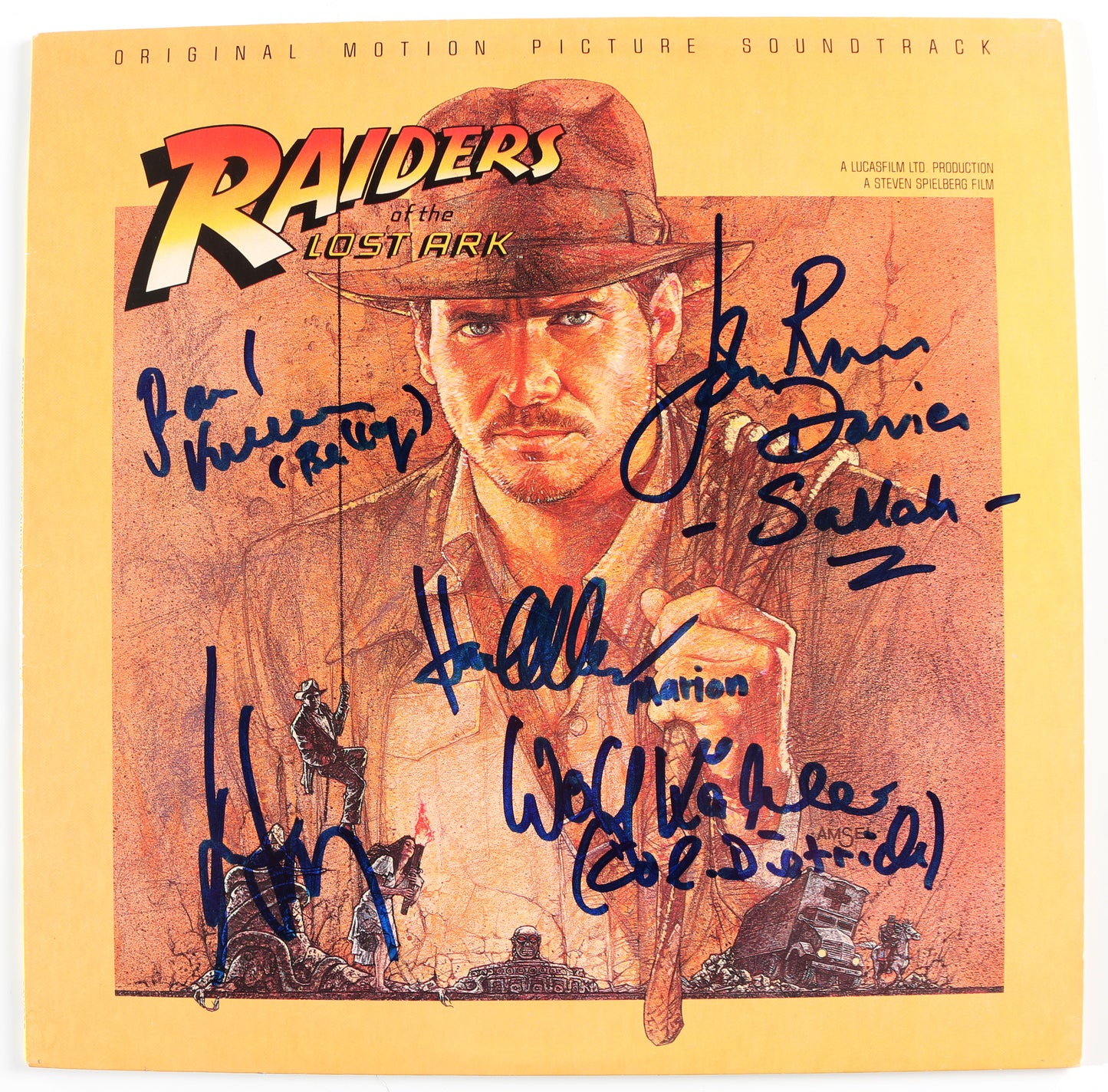 
                  
                    Indiana Jones: Raiders of the Lost Ark 12" Vinyl Record Signed by Harrison Ford, Karen Allen, John Rhys-Davies, Paul Freeman, & Wolf Kahler with Character Names
                  
                