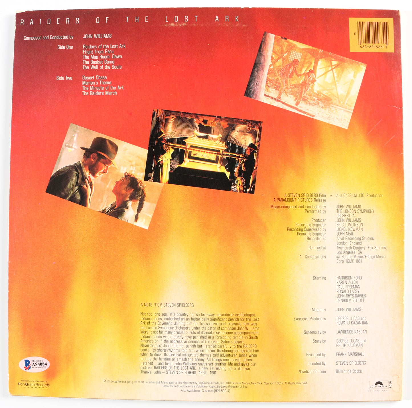 
                  
                    Indiana Jones: Raiders of the Lost Ark 12" Vinyl Record Signed by Harrison Ford, Karen Allen, John Rhys-Davies, Paul Freeman, & Wolf Kahler with Character Names
                  
                