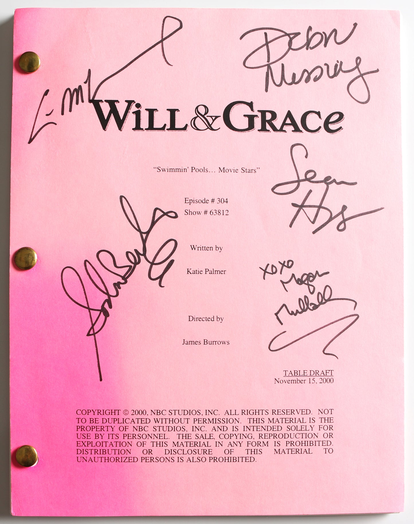 
                  
                    Will & Grace Episode #304 "Swimmin' Pools...Movie Stars" Script (JSA) Cast Signed by Eric McCormack, Debra Messing, Sandra Bernhard, Sean Hayes, & Megan Mullally
                  
                
