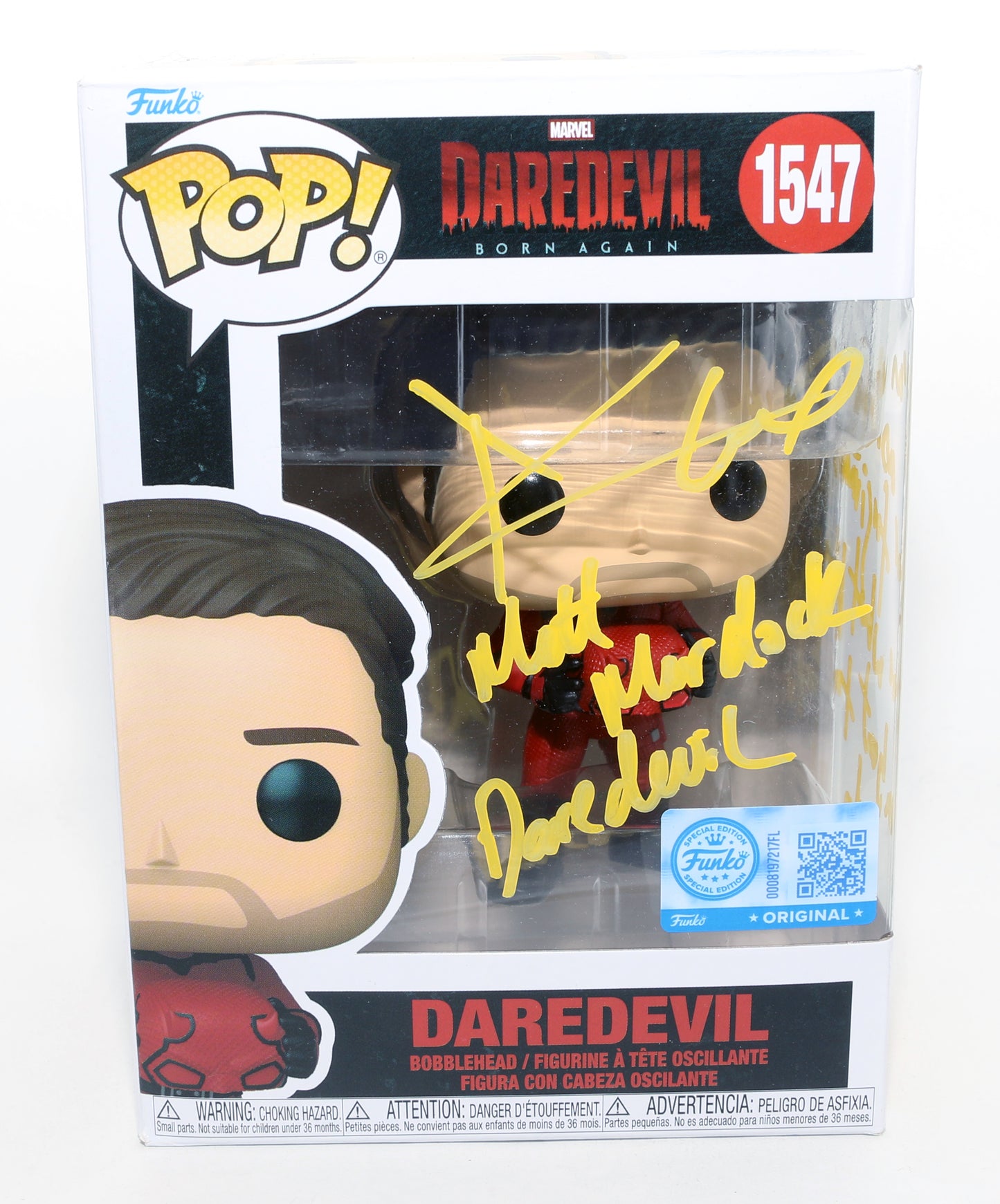 
                  
                    Charlie Cox as Daredevil in Daredevil: Born Again Special Edition Signed Funko POP! #1547 with Character Names & Quote
                  
                