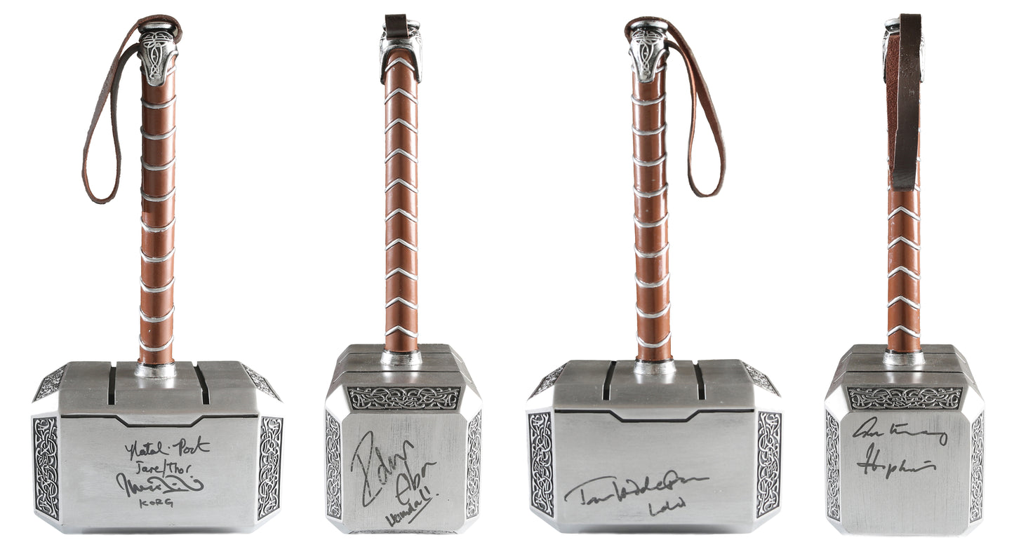 
                  
                    Thor Mjolnir Prop Replica Hammer (SWAU) Signed by Natalie Portman, Taika Waititi, Idris Elba, Tom Hiddleston, & Anthony Hopkins with Character Names
                  
                