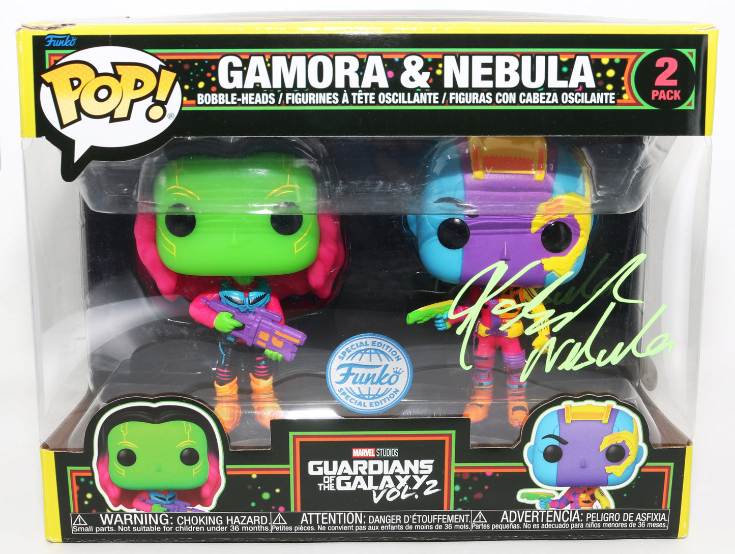 
                  
                    Karen Gillan as Nebula with Gamora in Guardians of the Galaxy Vol. 2 Funko Special Edition (JSA) Signed Funko POP! 2-pk with Character Name
                  
                