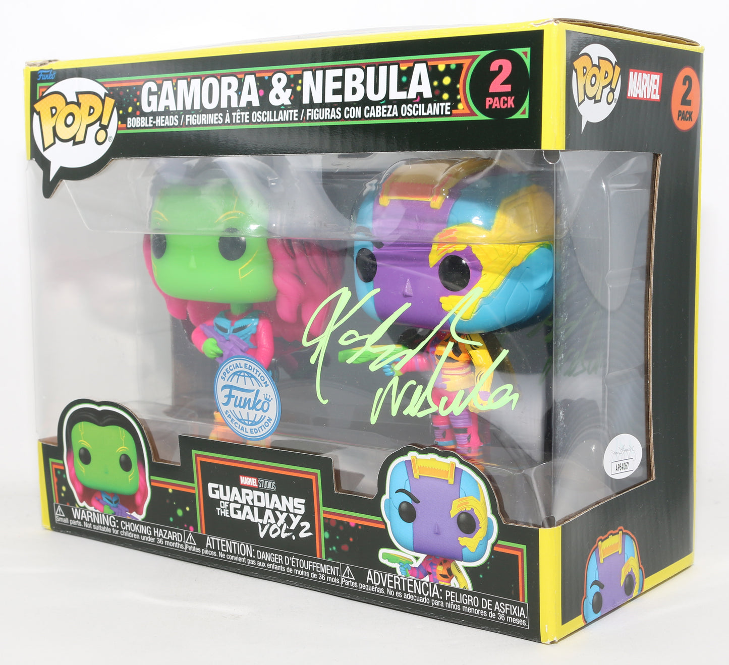 
                  
                    Karen Gillan as Nebula with Gamora in Guardians of the Galaxy Vol. 2 Funko Special Edition (JSA) Signed Funko POP! 2-pk with Character Name
                  
                