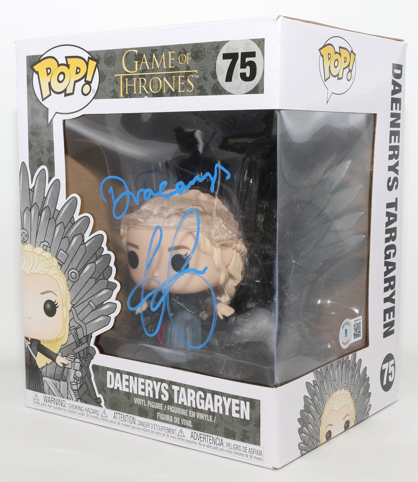 
                  
                    Emilia Clarke as Daenerys Targaryen in Game of Thrones (Beckett Witnessed) Signed Oversized Funko POP! #75 with Quote
                  
                