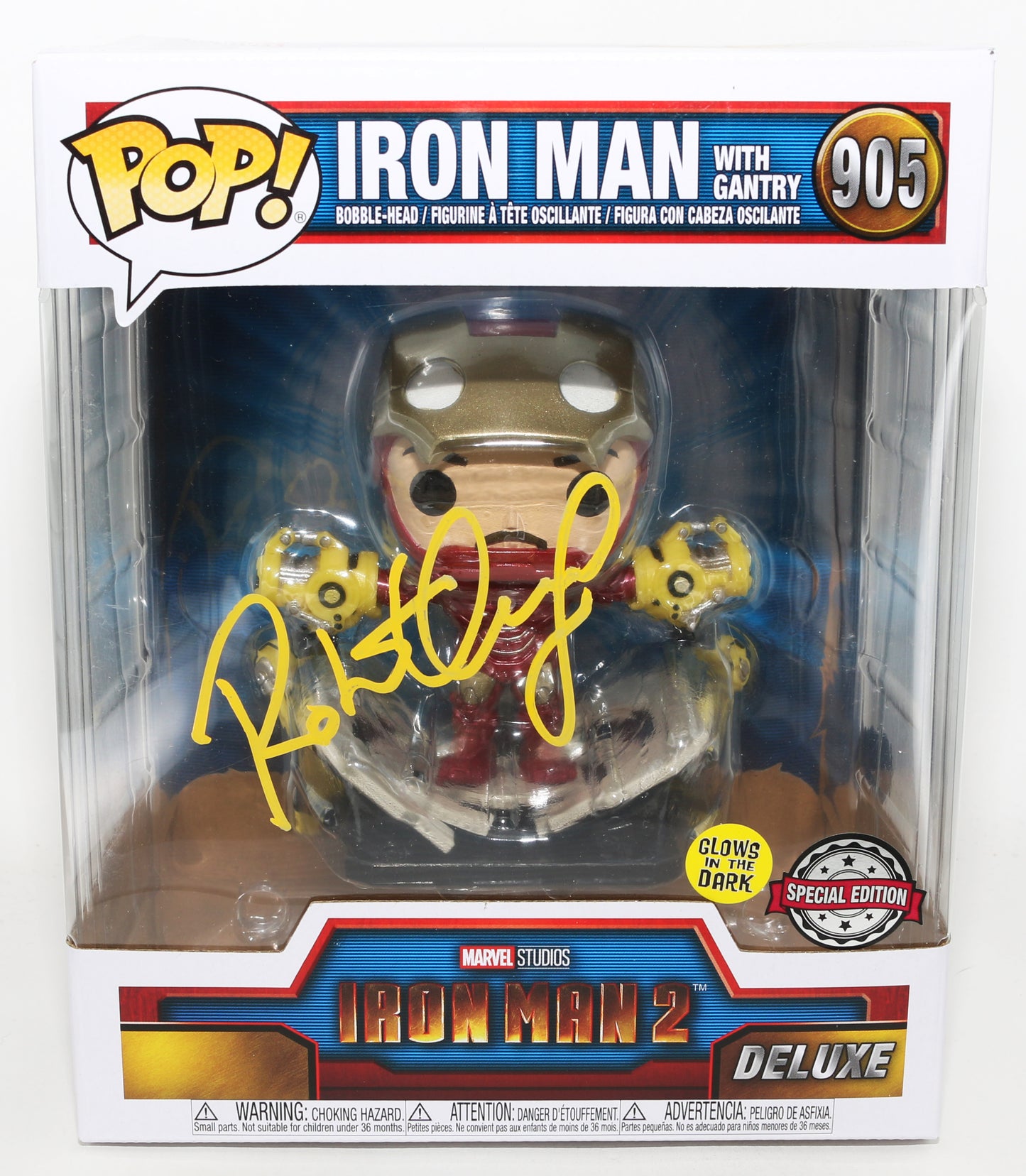 
                  
                    Robert Downey Jr. as Iron Man with Gantry in Iron Man 2 GITD Special Edition (Beckett Witnessed) Signed Oversized Funko POP! #905
                  
                