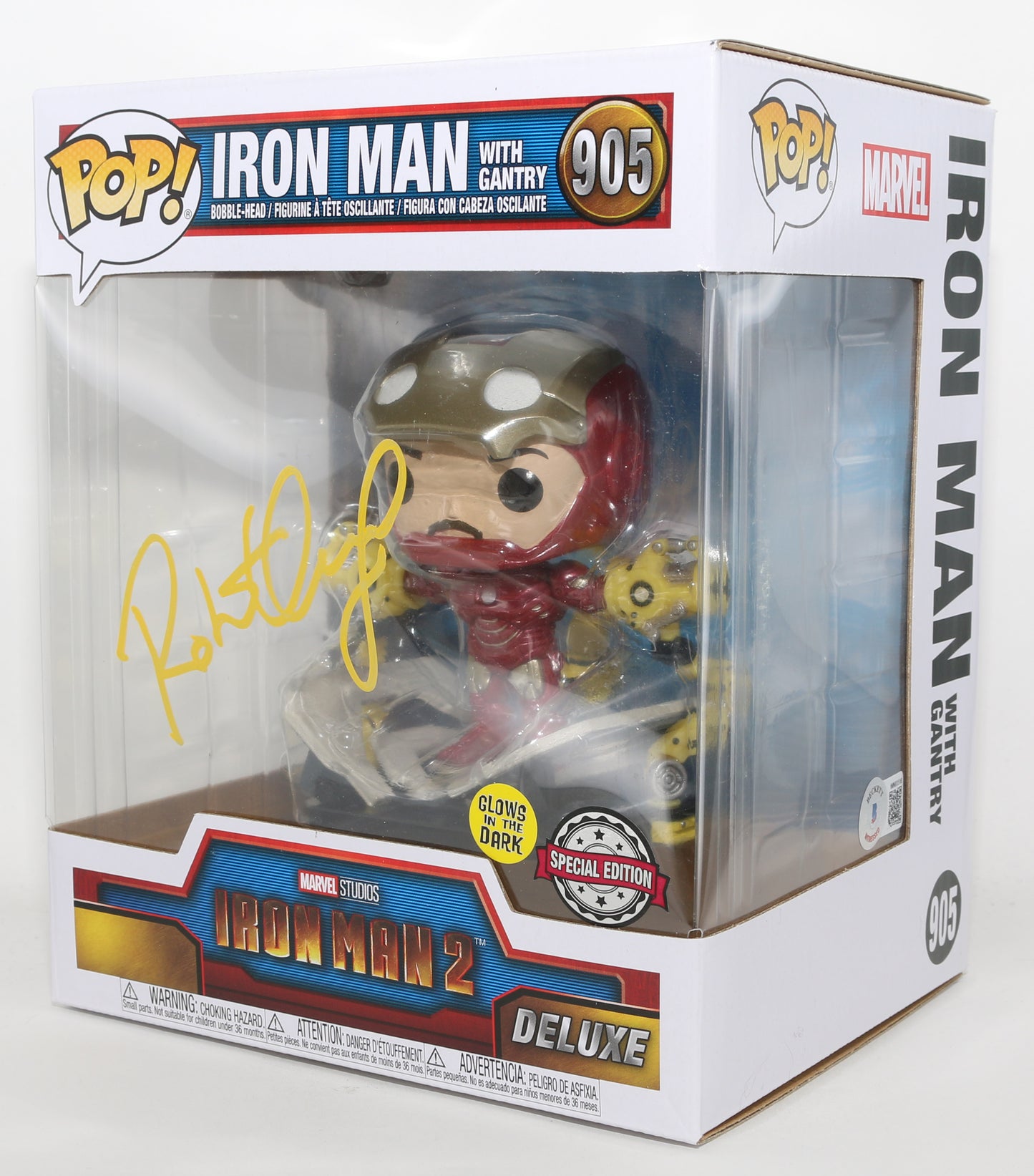 
                  
                    Robert Downey Jr. as Iron Man with Gantry in Iron Man 2 GITD Special Edition (Beckett Witnessed) Signed Oversized Funko POP! #905
                  
                