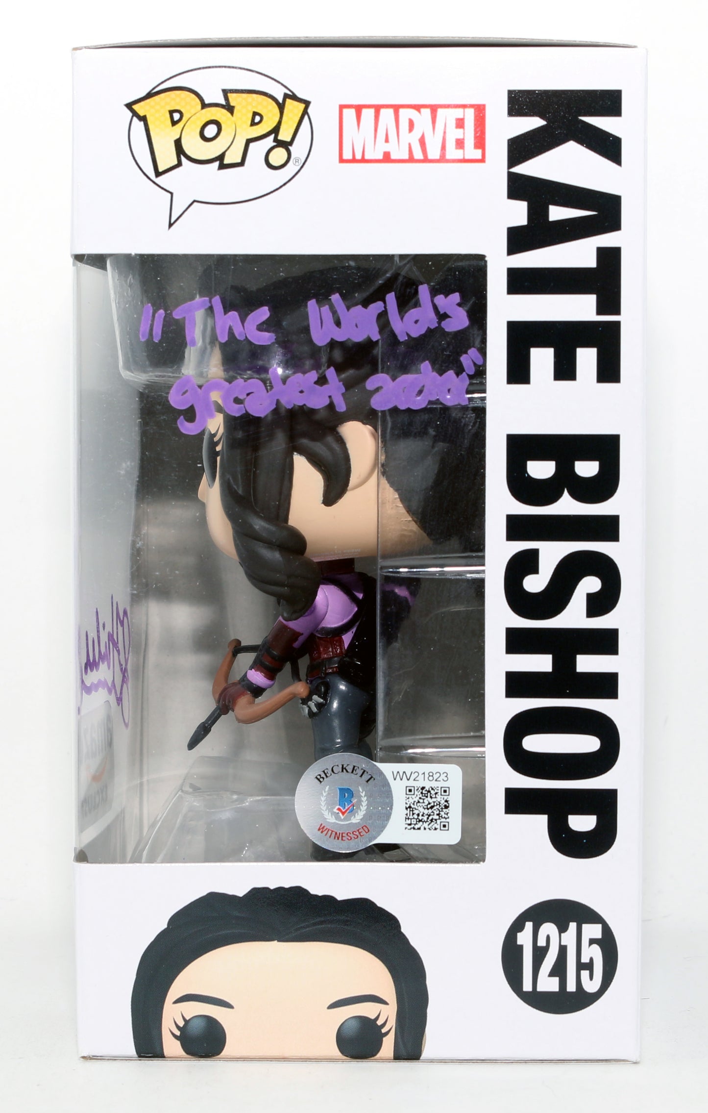 
                  
                    Hailee Steinfeld as Kate Bishop in Hawkeye Amazon Exclusive (Beckett) Signed Funko POP! #1215 with Quote
                  
                