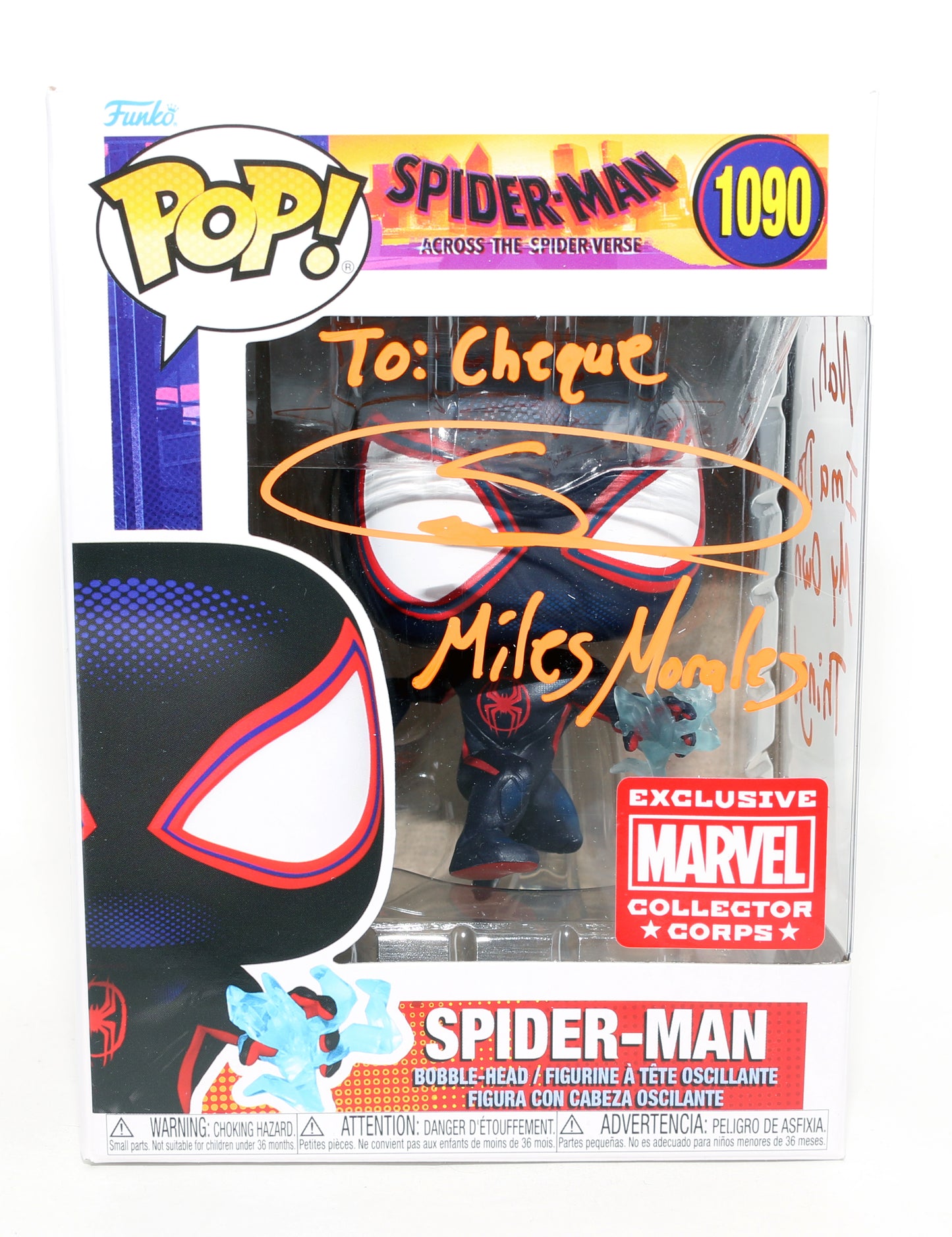 
                  
                    Shameik Moore as Miles Morales / Spider-Man in Spider-Man: Across the Spider-Verse (JSA) Signed Funko POP! #1090 with Character Name & Quote
                  
                