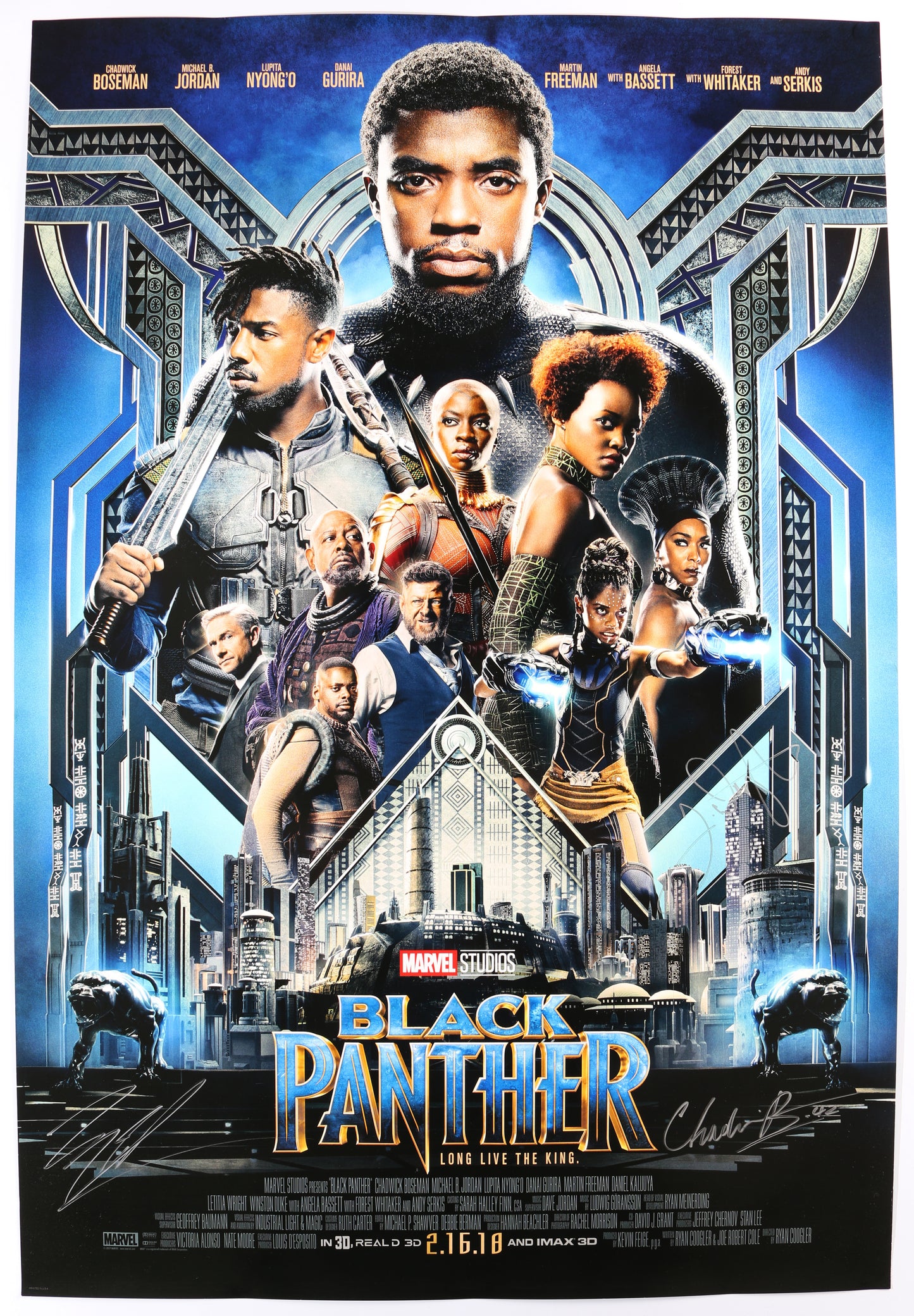
                  
                    Black Panther 27x40 Poster Cast Signed by Chadwick Boseman, Michael B. Jordan, & Letitia Wright
                  
                