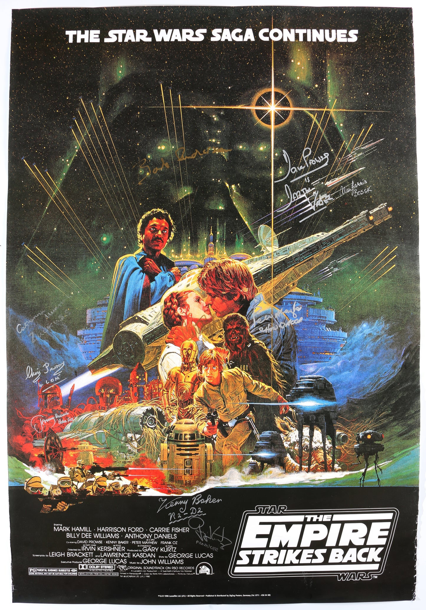 
                  
                    Star Wars: The Empire Strikes Back 27x40 Poster Cast Signed by Carrie Fisher, Bob Anderson, Peter Mayhew, Jeremy Bulloch, Alan Harris, Chris Parsons, Cathie Munroe, Dave Prowse, Kenny Baker, & Gary Kurtz
                  
                