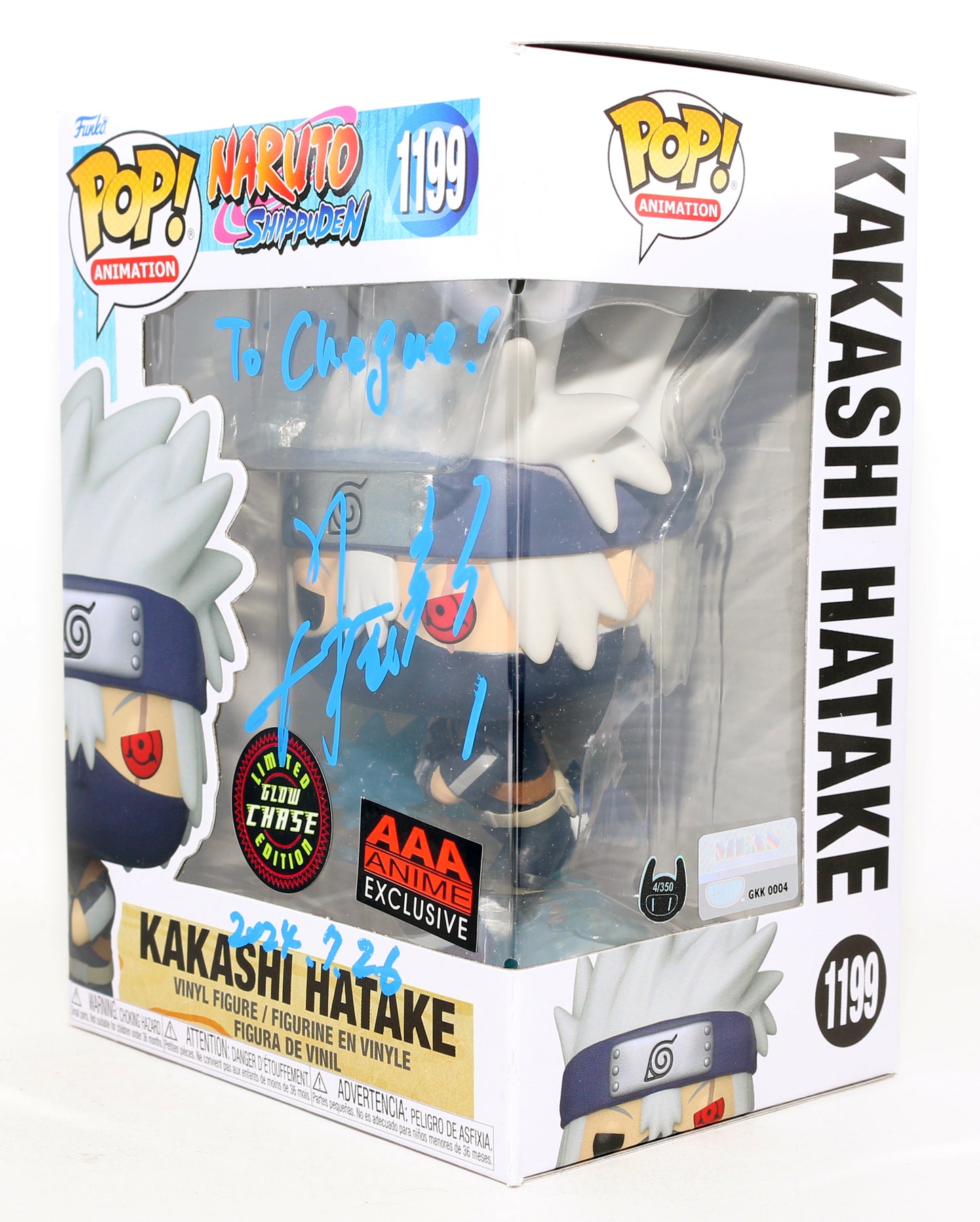 
                  
                    Kazuhiko Inoue as Kakashi Hatake in Naruto GITD Chase Limited Edition AAA Anime Exclusive (SWAU) Signed Funko POP! #1199
                  
                