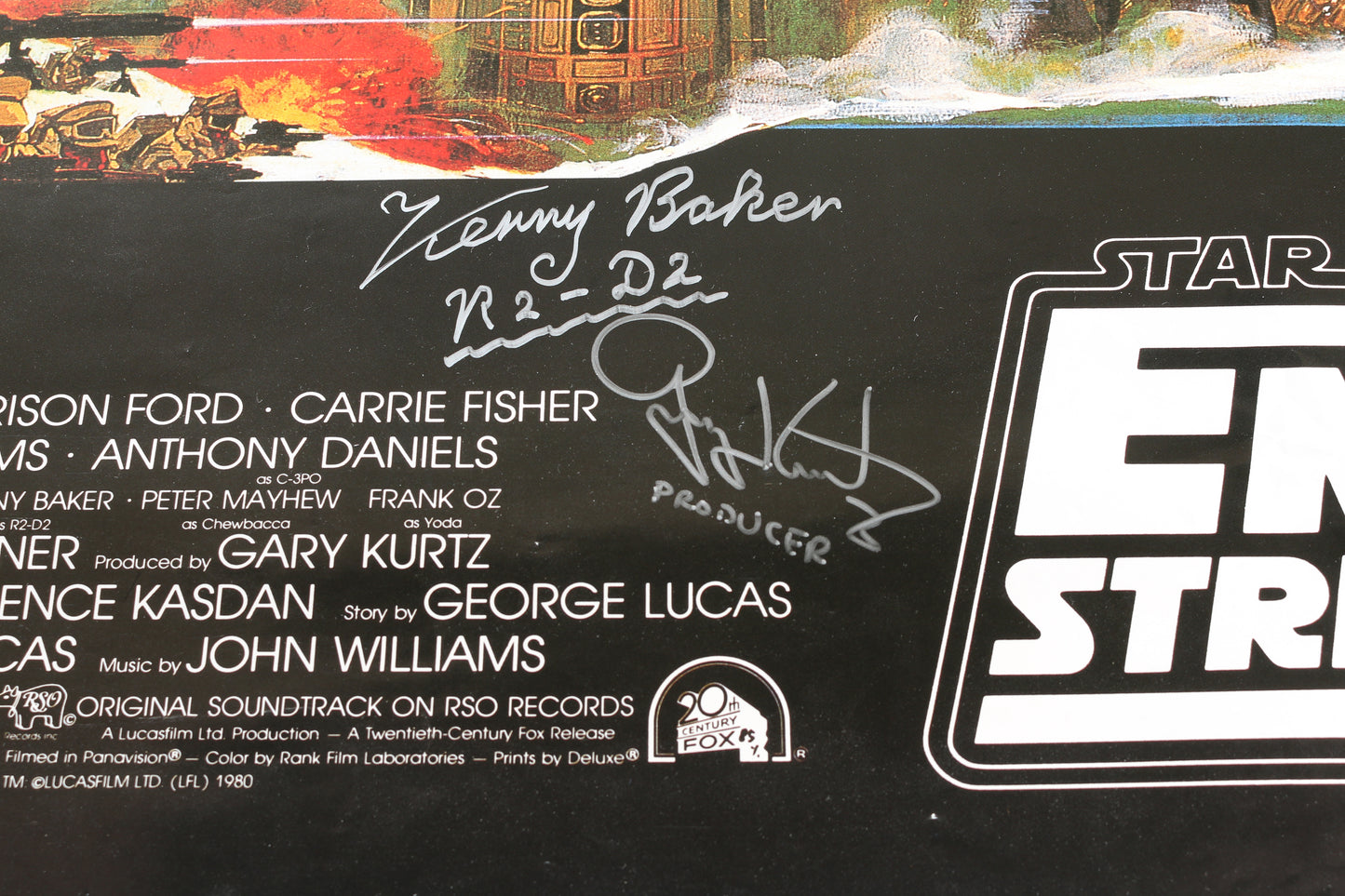 
                  
                    Star Wars: The Empire Strikes Back 27x40 Poster Cast Signed by Carrie Fisher, Bob Anderson, Peter Mayhew, Jeremy Bulloch, Alan Harris, Chris Parsons, Cathie Munroe, Dave Prowse, Kenny Baker, & Gary Kurtz
                  
                