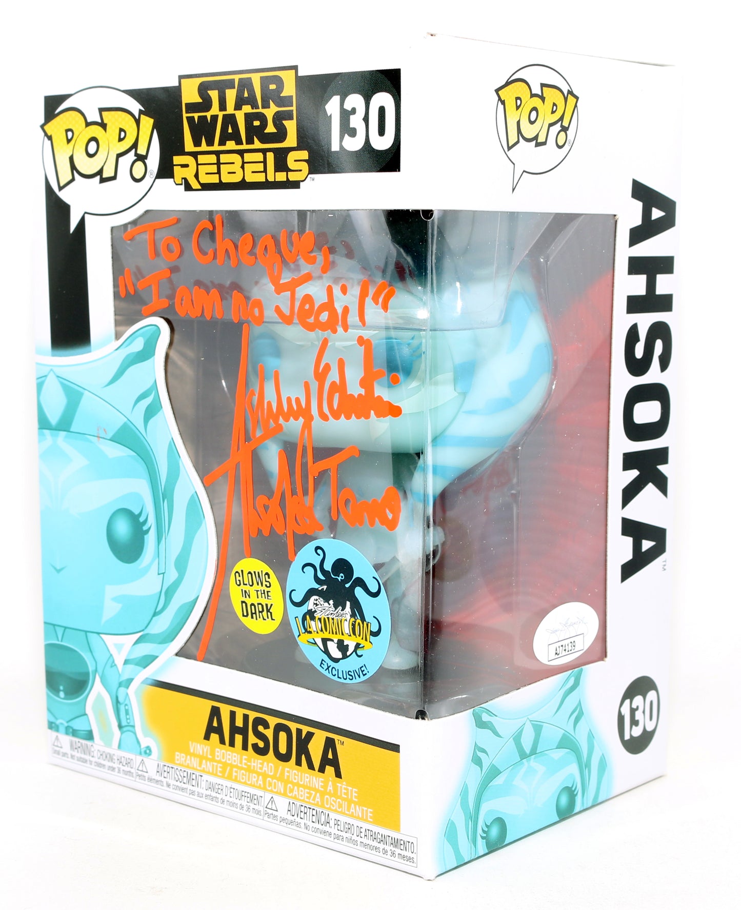 
                  
                    Ashley Eckstein as Ahsoka Tano in Star Wars: Rebels GITD L.A. Comic Con Exclusive (JSA) Signed Funko POP! #130 with Character Name & Quote
                  
                