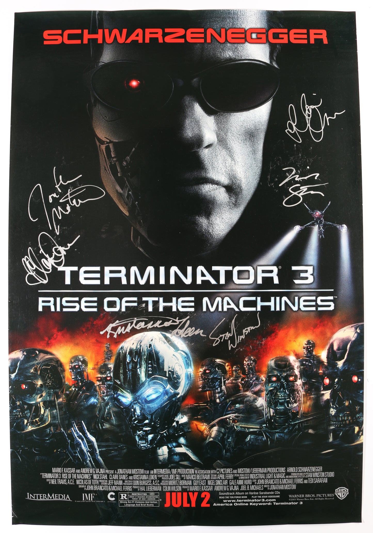 
                  
                    Terminator 3: Rise of the Machines 27x40 Poster Cast Signed by Claire Danes, Nick Stahl, Kristanna Loken, Special Makeup Effects Artist: Stan Winston, & Director: Jonathan Mostow,
                  
                