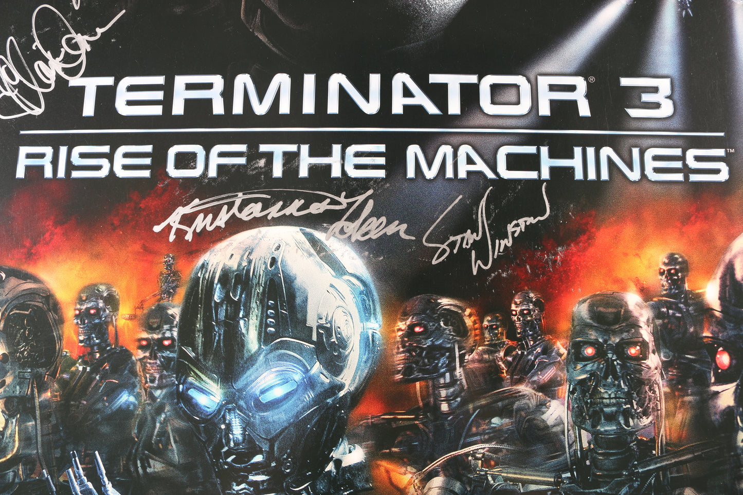 
                  
                    Terminator 3: Rise of the Machines 27x40 Poster Cast Signed by Claire Danes, Nick Stahl, Kristanna Loken, Special Makeup Effects Artist: Stan Winston, & Director: Jonathan Mostow,
                  
                