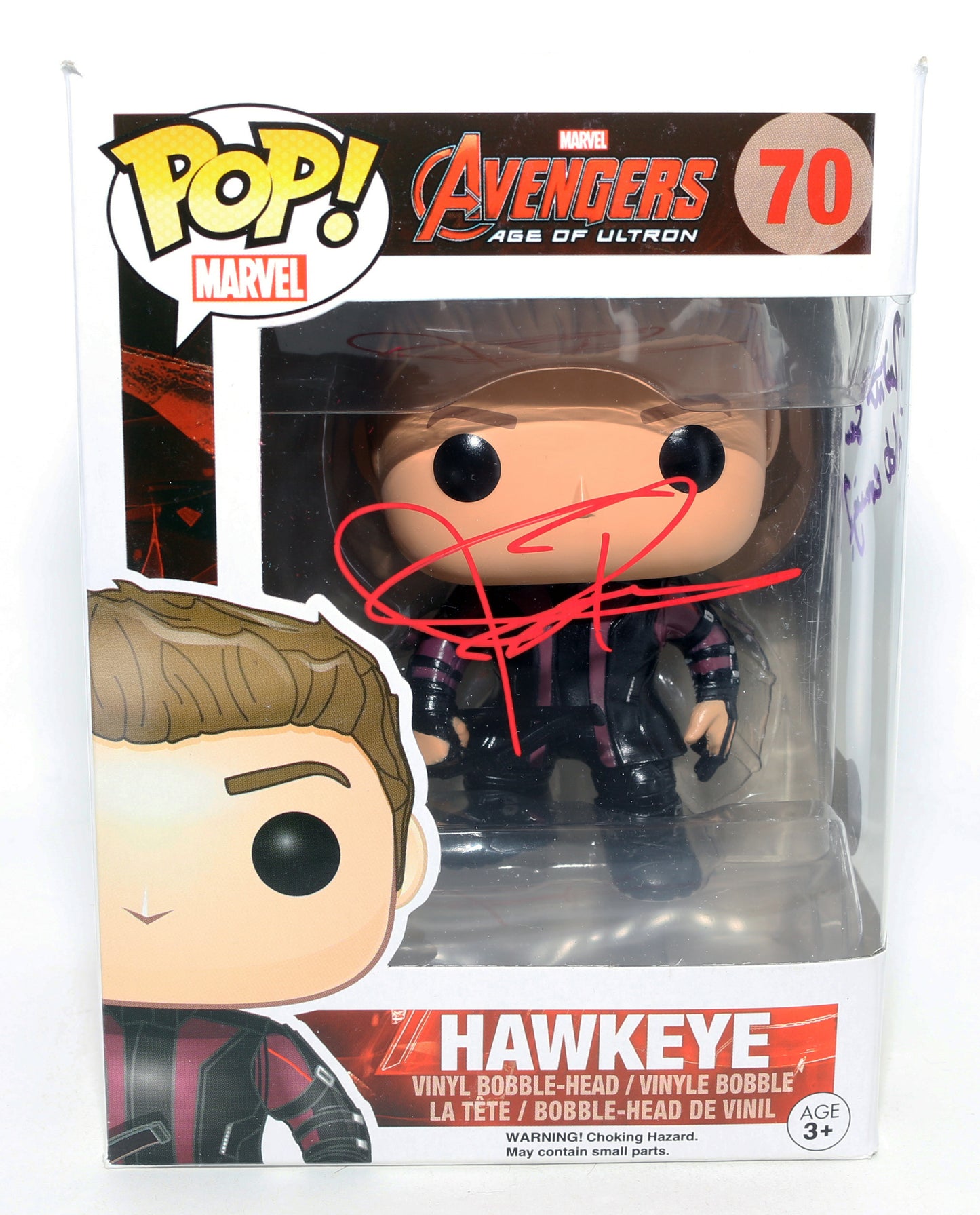 
                  
                    Jeremy Renner as Clint Barton / Hawkeye in Avengers: Age of Ultron (Beckett Witnessed) Signed Funko POP! #70 with Quote
                  
                