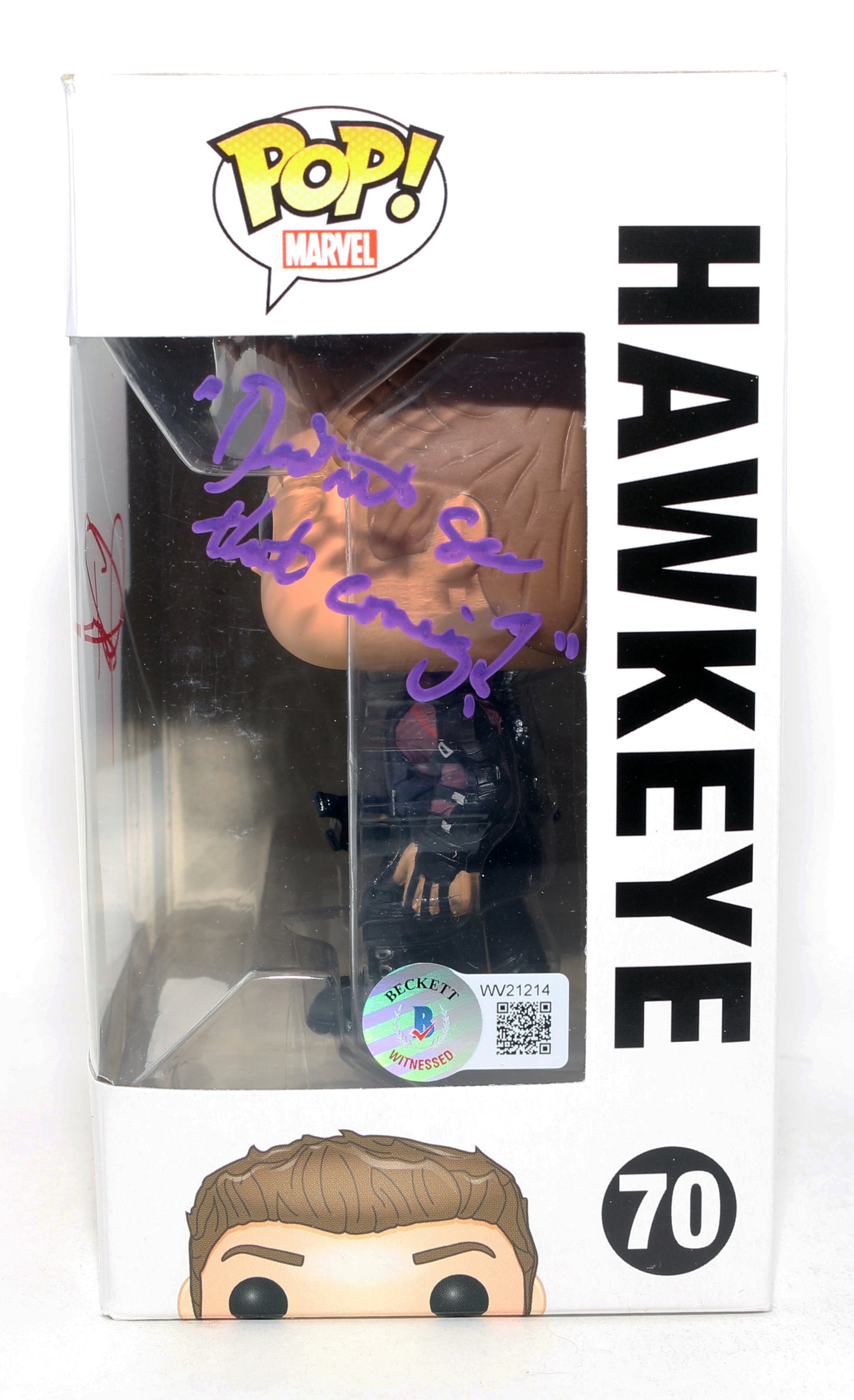 
                  
                    Jeremy Renner as Clint Barton / Hawkeye in Avengers: Age of Ultron (Beckett Witnessed) Signed Funko POP! #70 with Quote
                  
                