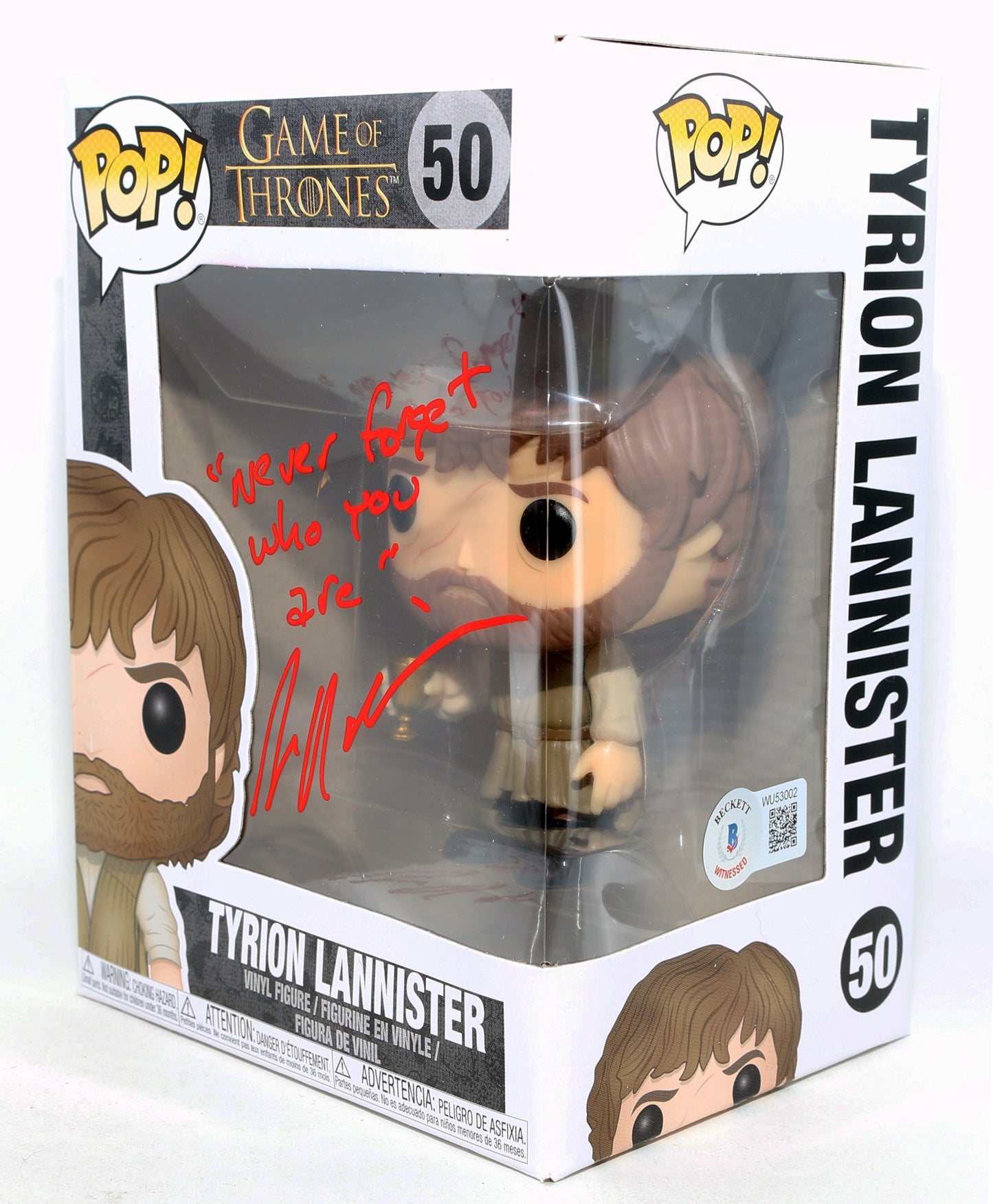 
                  
                    Peter Dinklage as Tyrion Lannister in Game of Thrones (Beckett Witnessed) Signed Funko POP! #50 with Quote
                  
                