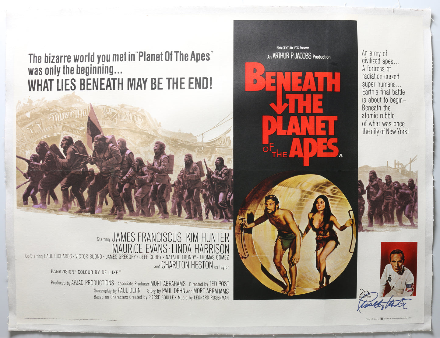 
                  
                    Charlton Heston as Taylor in Beneath the Planet of the Apes Signed 30x40 British Quad Poster
                  
                