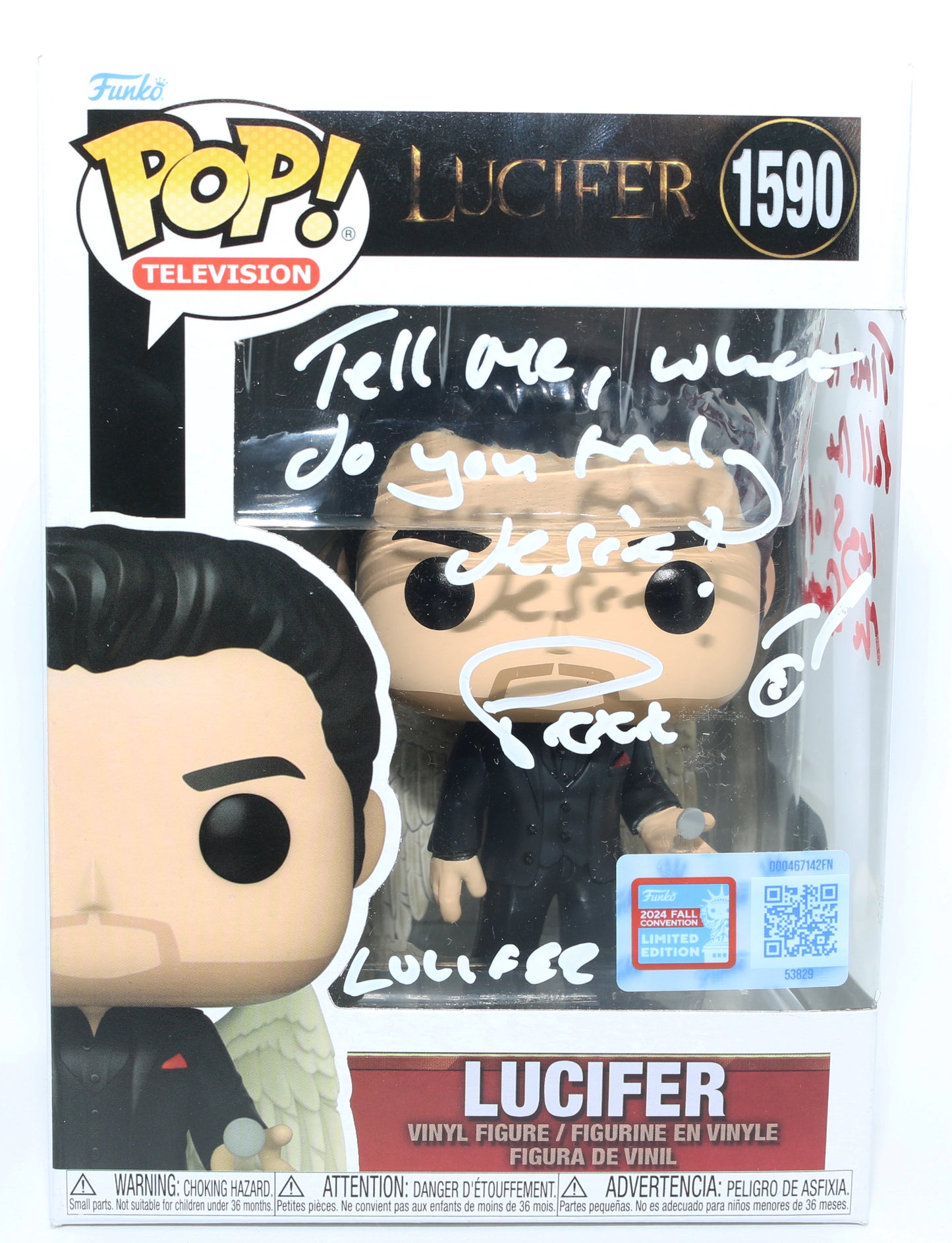 
                  
                    Tom Ellis as Lucifer in Lucifer 2024 Fall Convention Limited Edition (SWAU) Signed Funko POP! #1590 with Character Name & Quotes
                  
                
