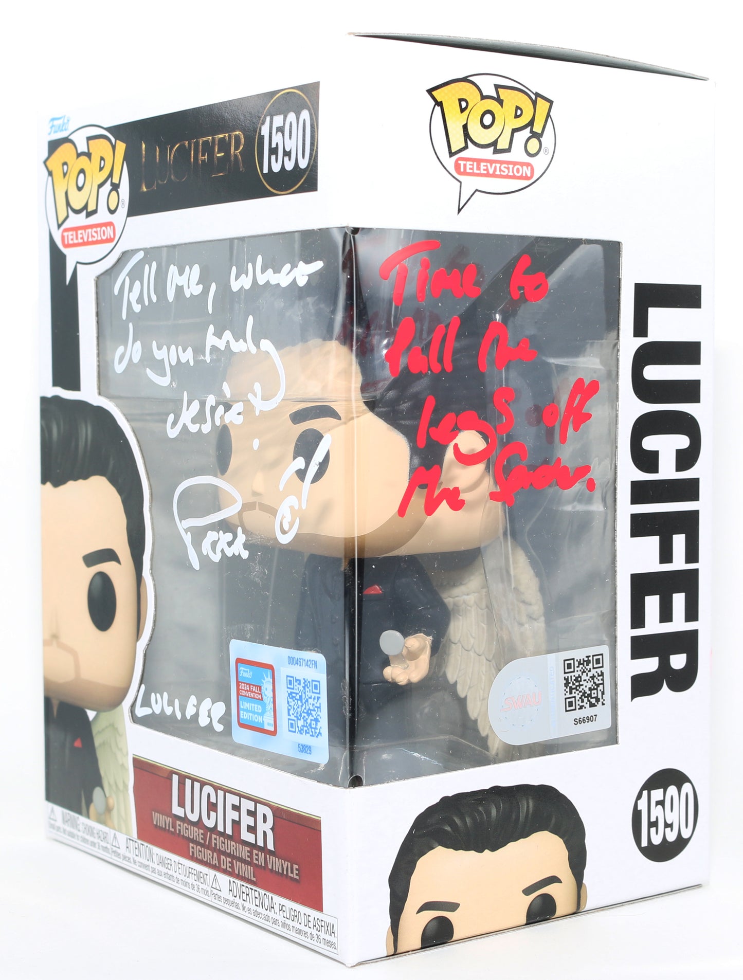 
                  
                    Tom Ellis as Lucifer in Lucifer 2024 Fall Convention Limited Edition (SWAU) Signed Funko POP! #1590 with Character Name & Quotes
                  
                