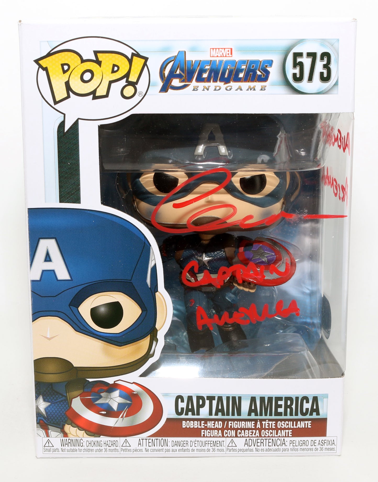 
                  
                    Chris Evans as Captain America in Avengers: Endgame (SWAU) Signed Funko POP! #573 with Character Name & Quote
                  
                