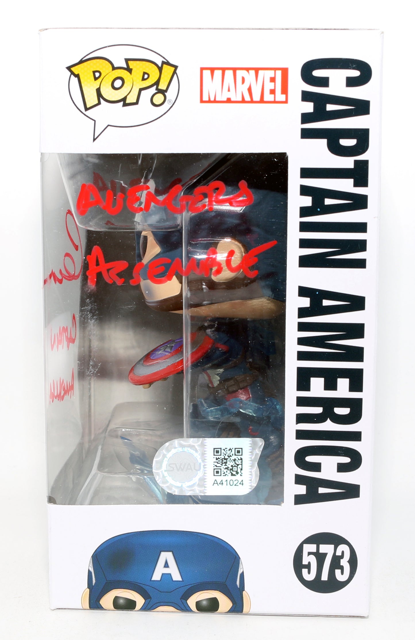 
                  
                    Chris Evans as Captain America in Avengers: Endgame (SWAU) Signed Funko POP! #573 with Character Name & Quote
                  
                